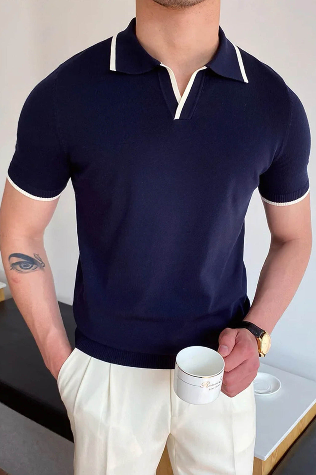 Plain Classic Collar Jumper Polo Shirt In Navy Blue