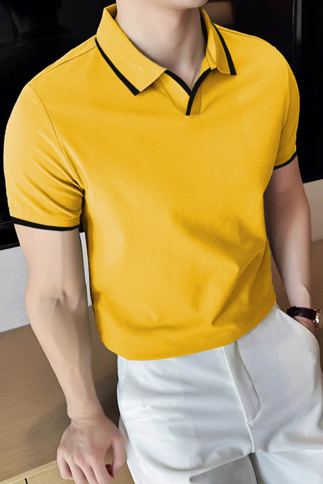 Plain Classic Collar Jumper Polo Shirt In Mustard Yellow
