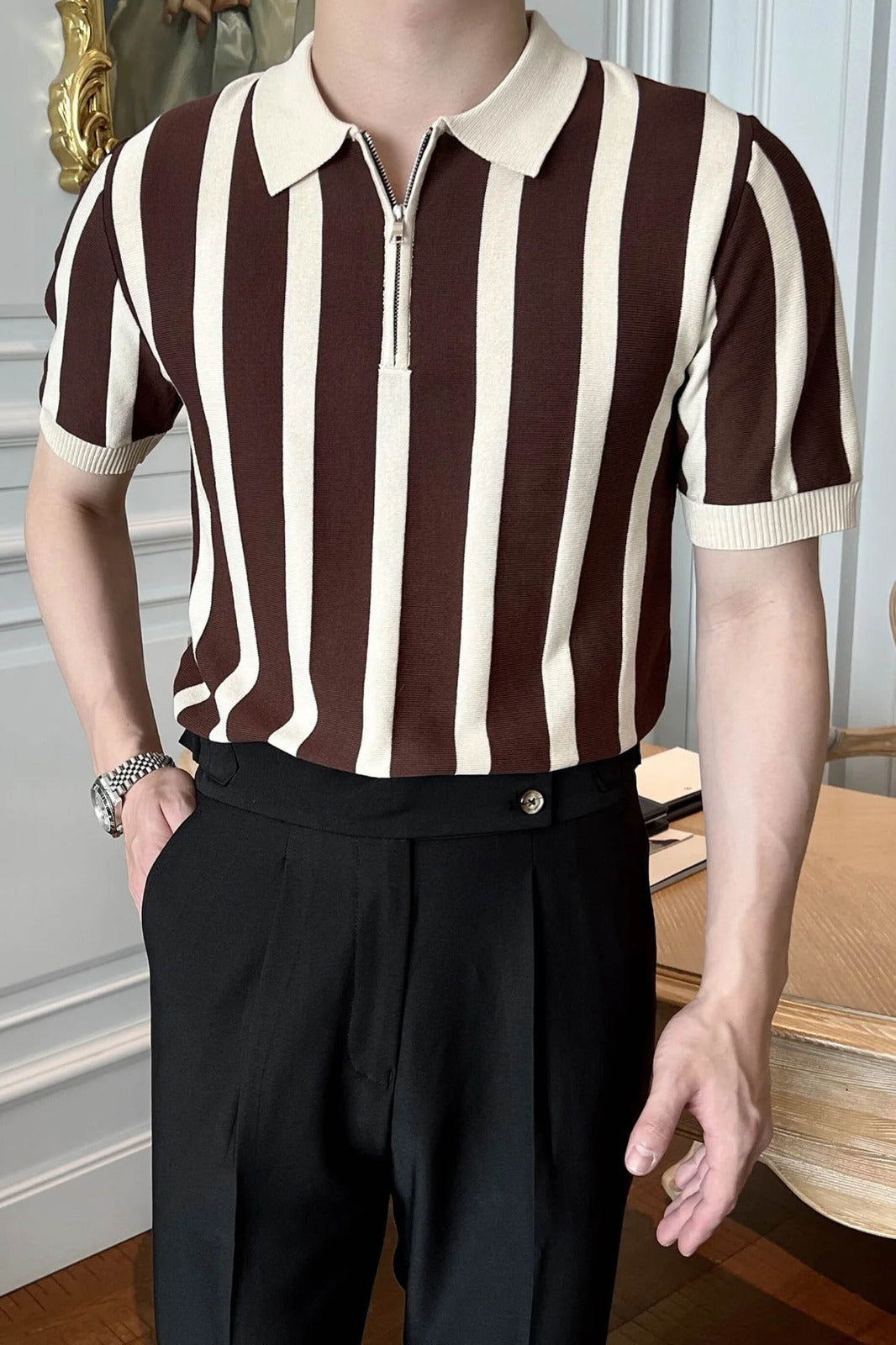 Vertical Lining Cropped Collar Men Jumper Polo Shirts in Brown
