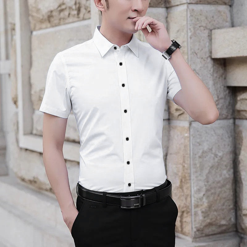 Self Textured Slim Fit Elastic Shirt In White