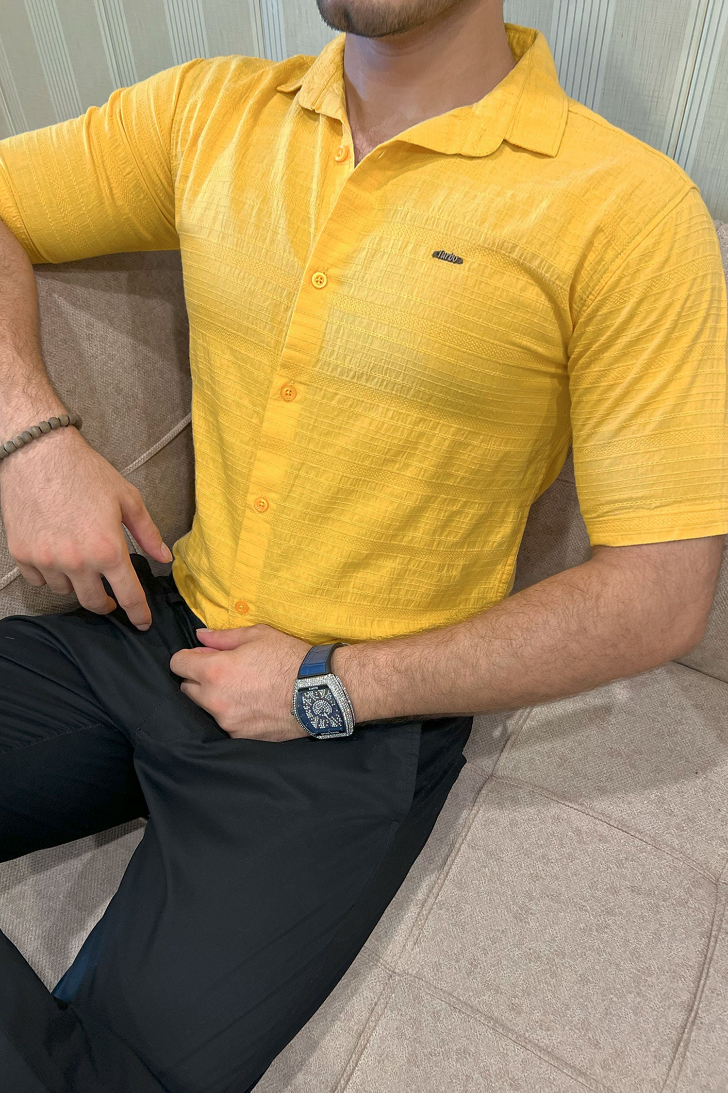 Turbo Knit Craft Crochet Casual Shirt In Yellow