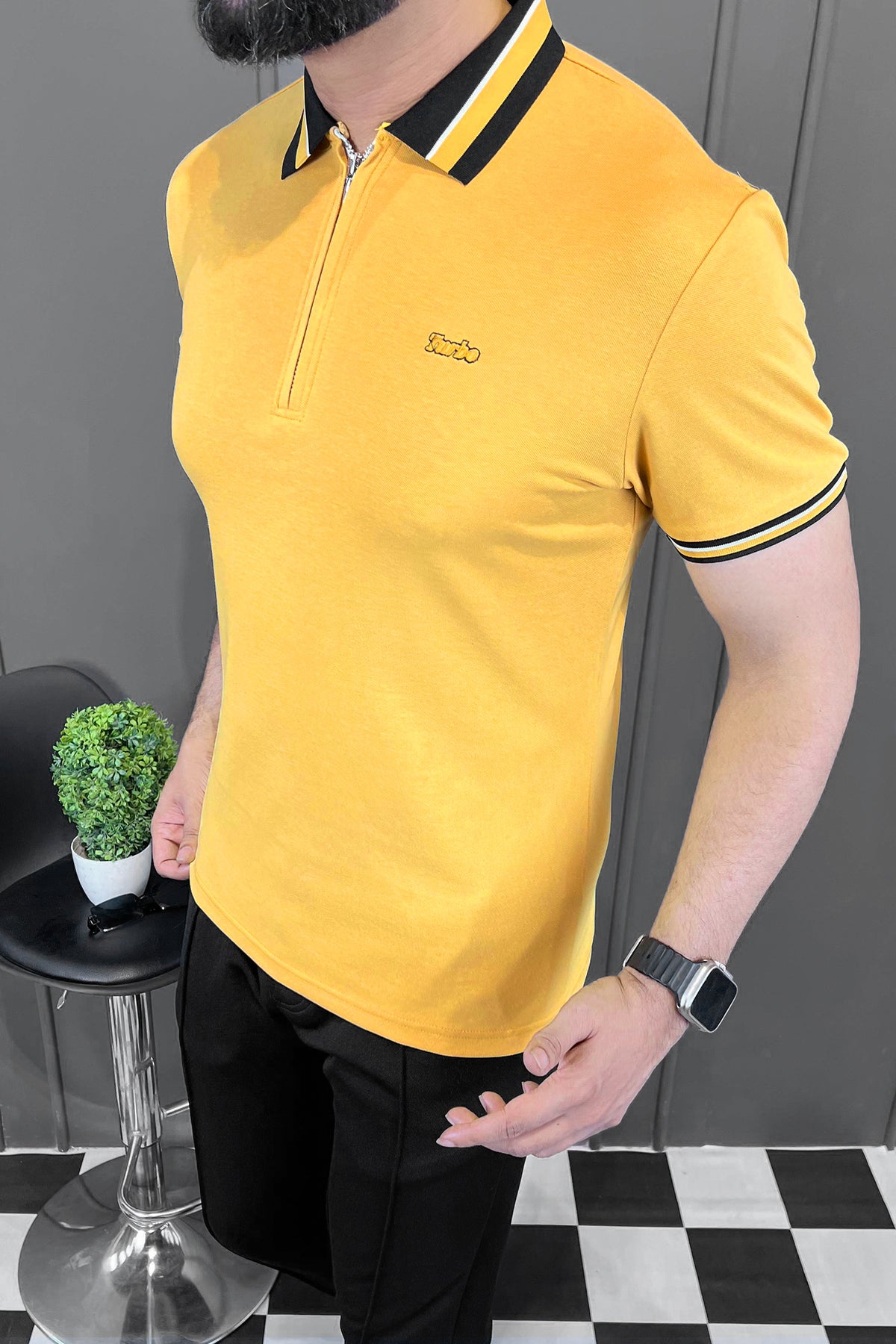 Turbo Contrast Tone Zip Collar Men's Polo Shirt In Yellow