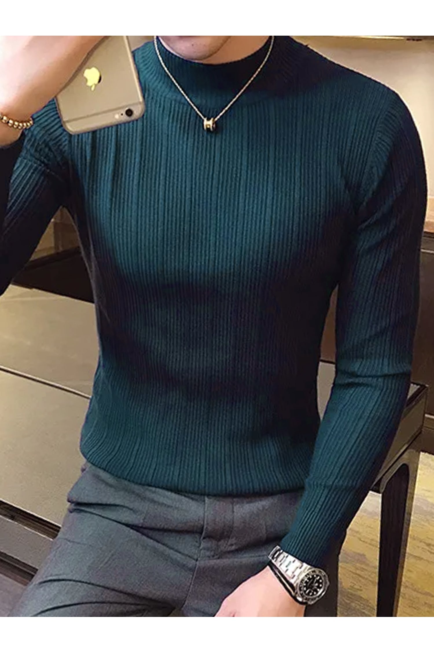 Fashion Slim Striped Motif Mock Neck Men's Sweatshirt