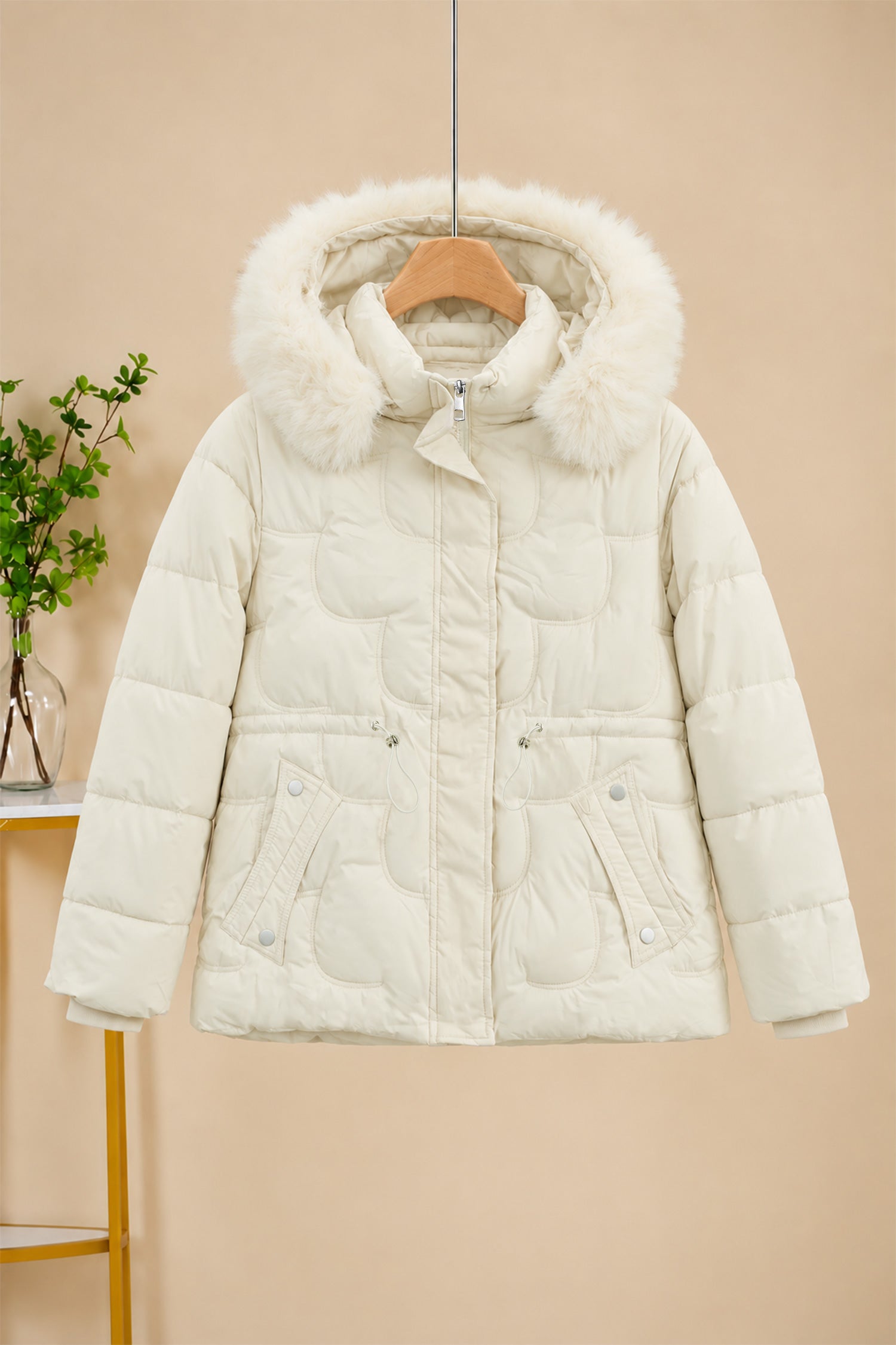 Women Scallop-Patterned Detachable Arm & Hood Imported Puffer Jacket In Beige