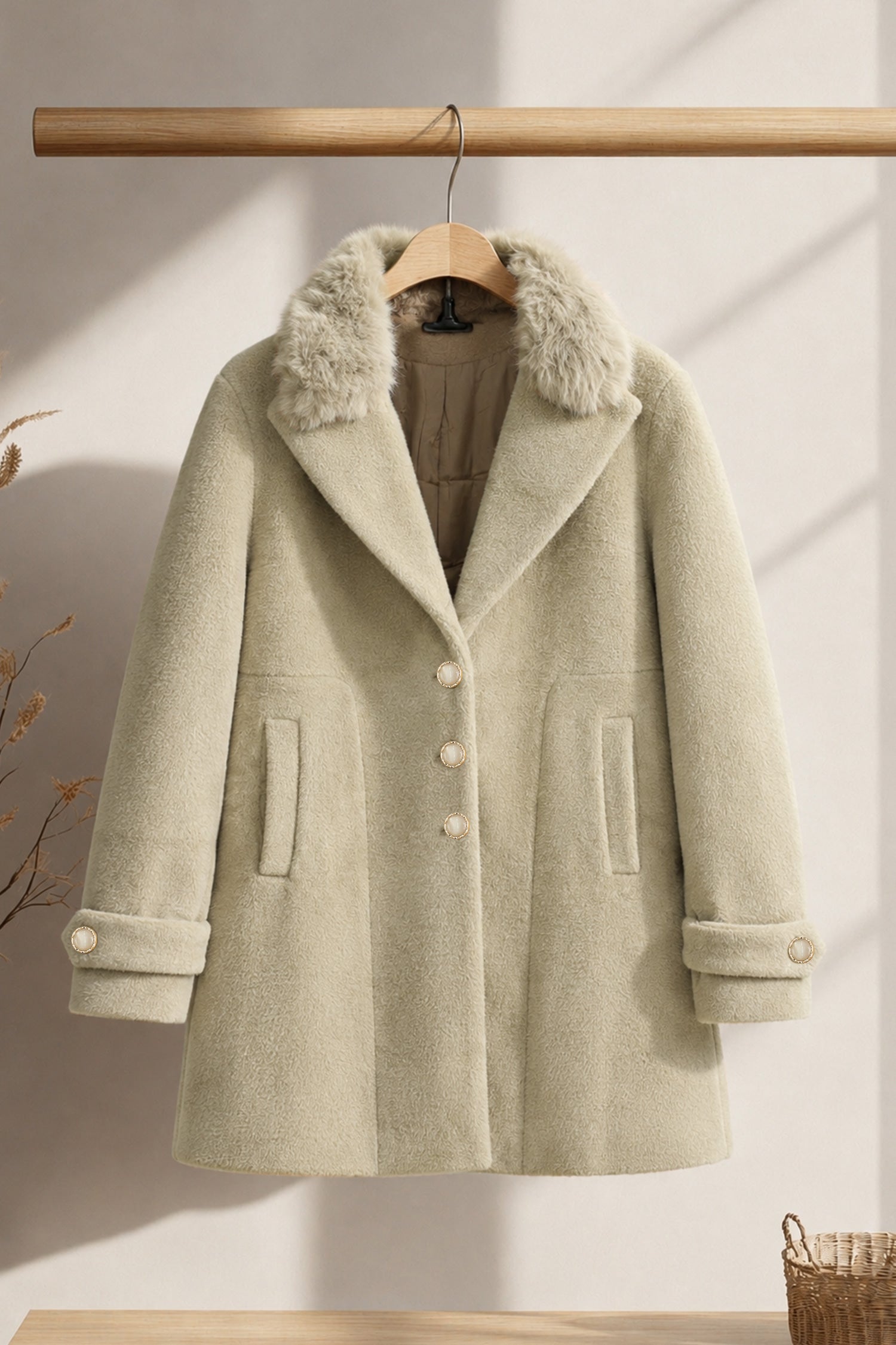 Women's Single Breasted Imp Wool Long Coat In Beige