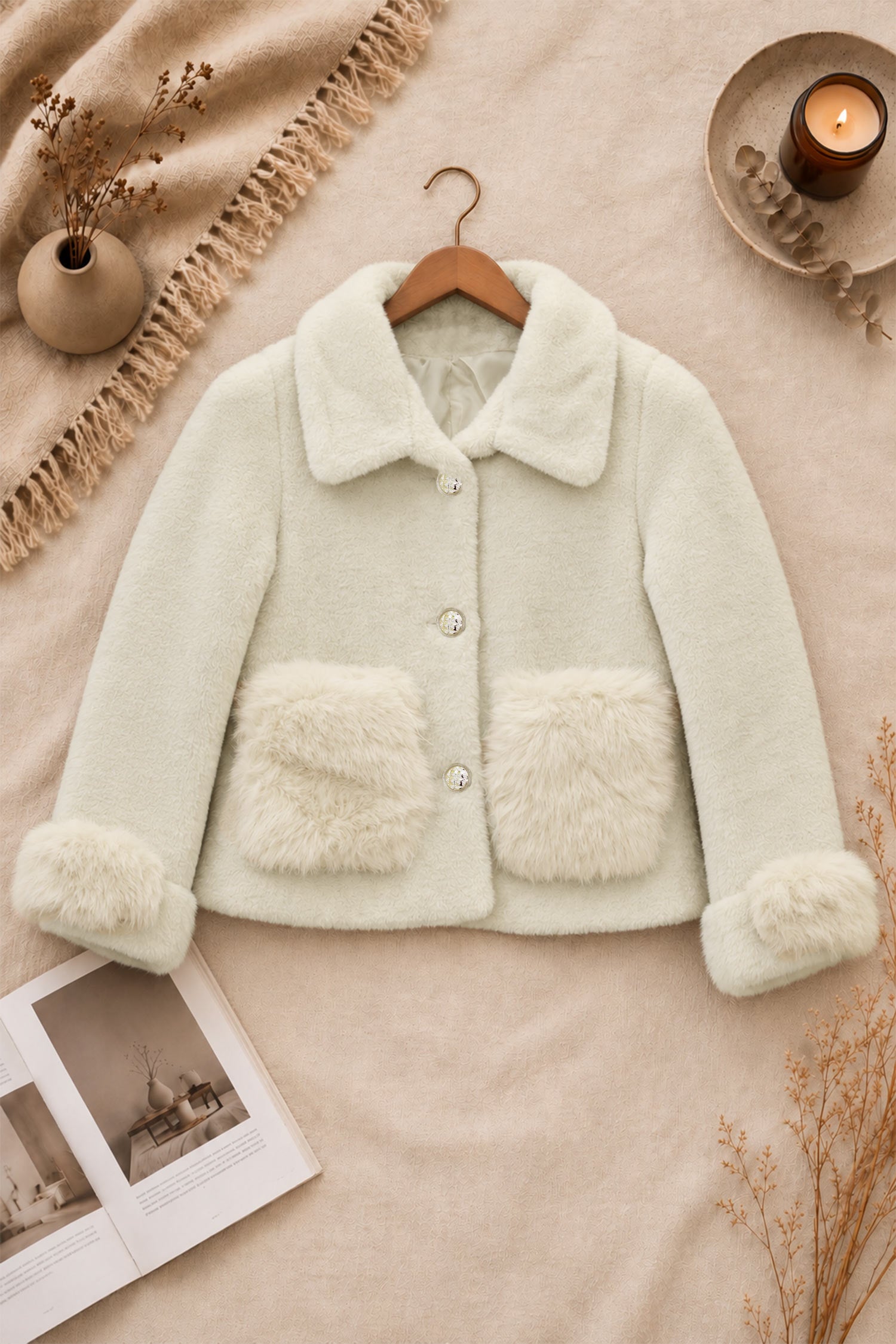 Women Cozy Shearling Pocket Imported Wool Jacket In Beige