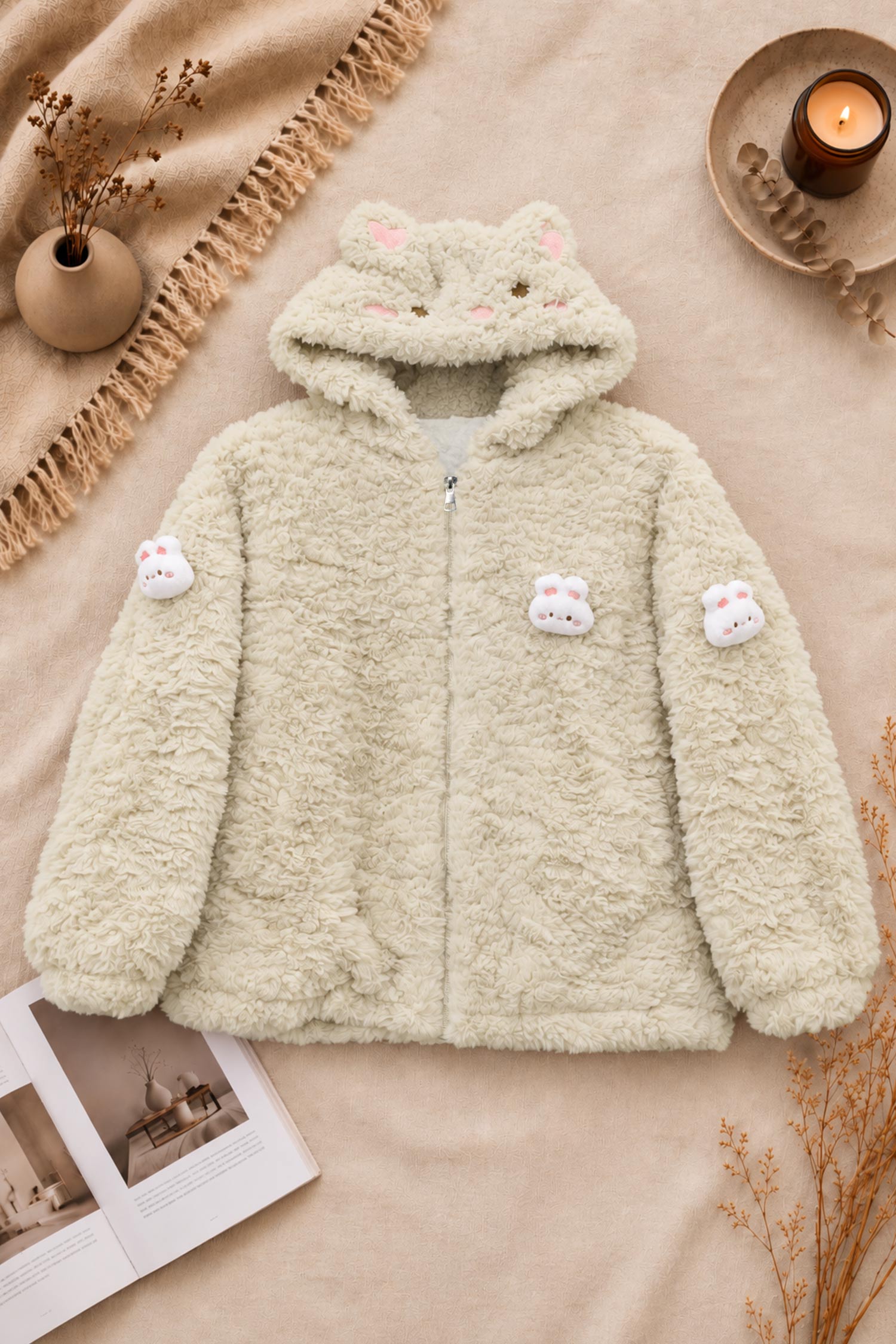Women Cloud-Soft 3D Ear Plush Imported Sherpa Jacket In Beige