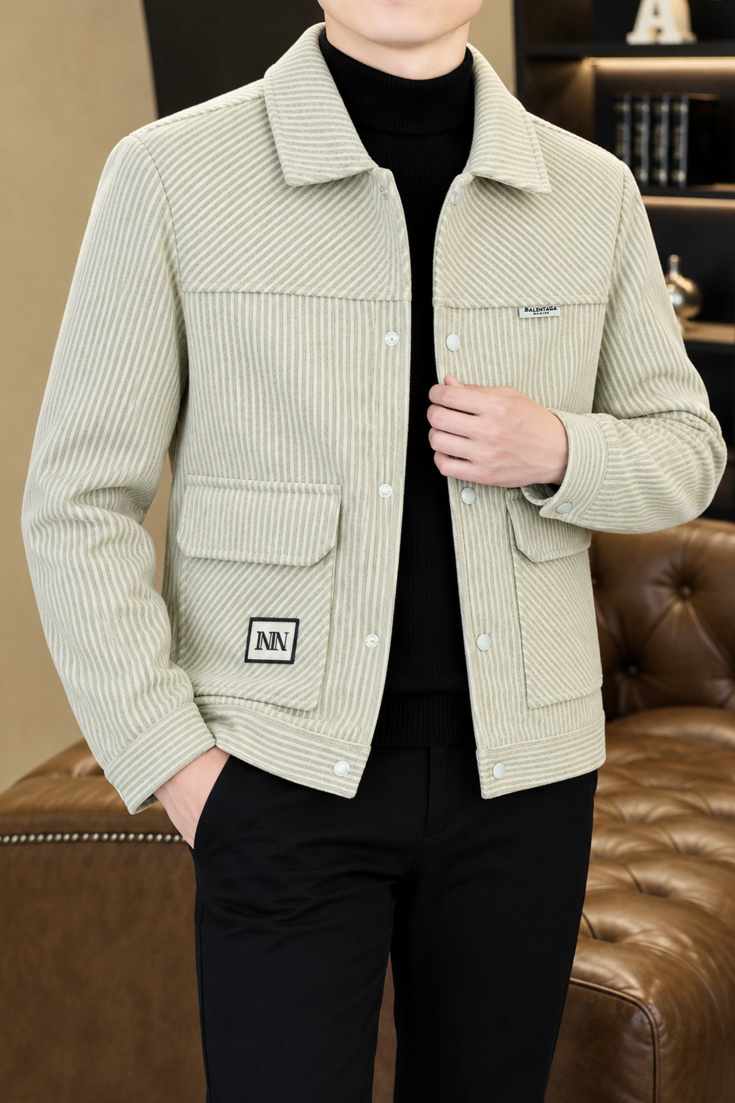 Multicolor Corduroy Imported Men's Wool Jacket In Beige