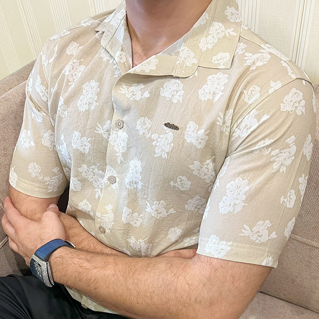Turbo Rich Floral Printed Casual Shirt In Beige