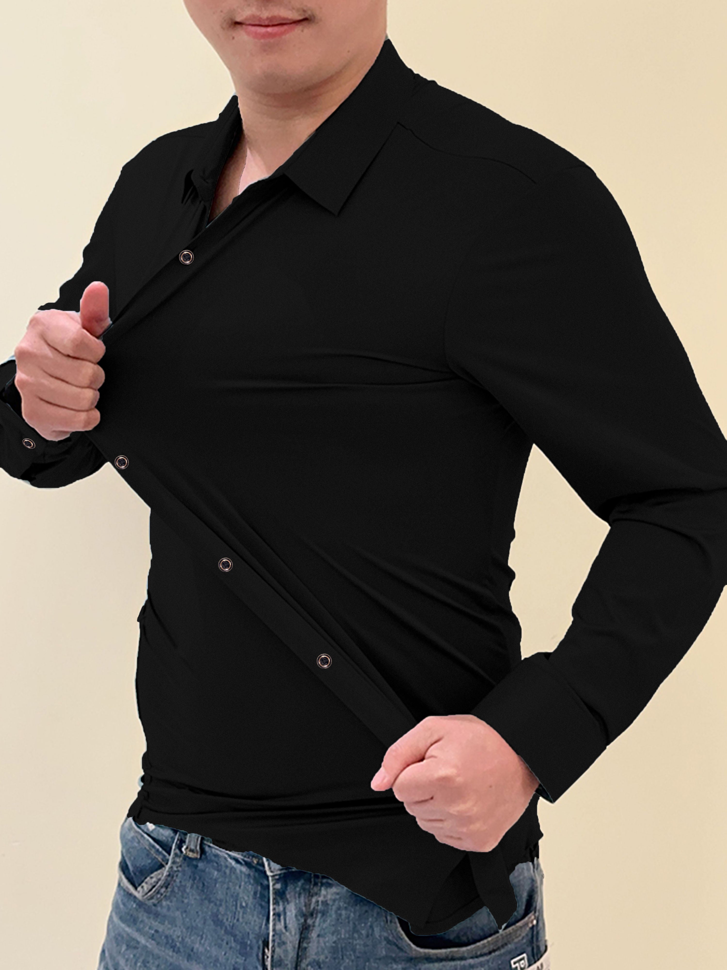 Self Texture Elastic Full Sleeve Casual Shirt In Black