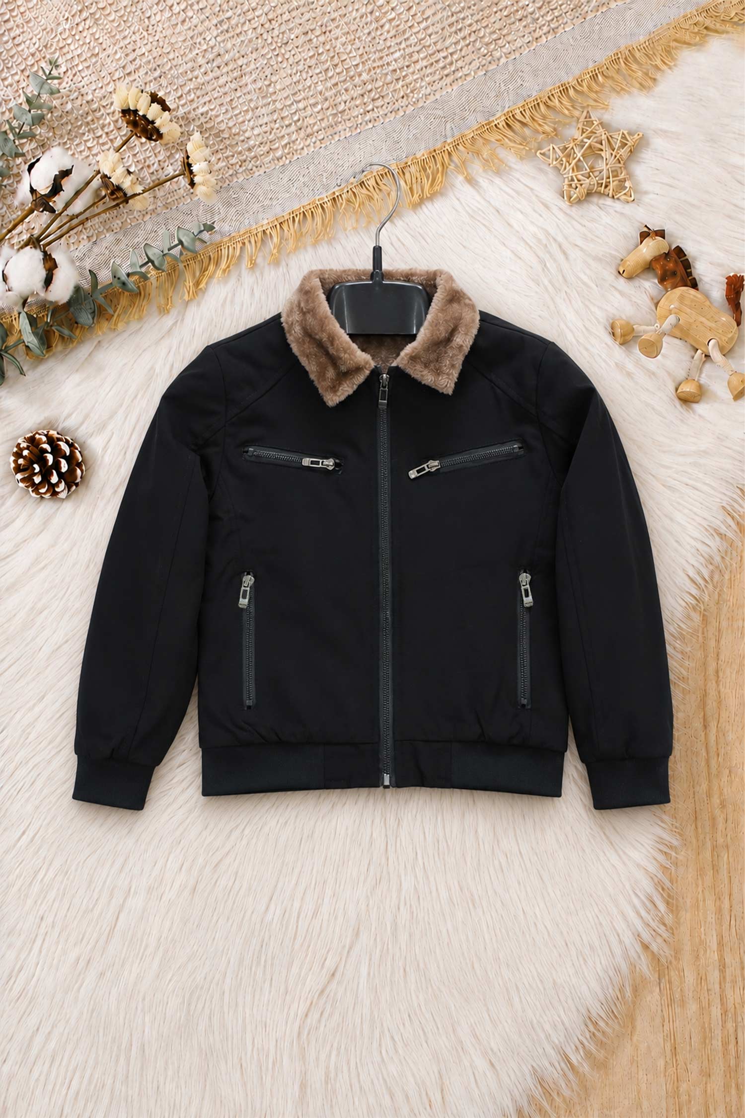 Fur Collar Imported Kid's Puffer Jacket In Black