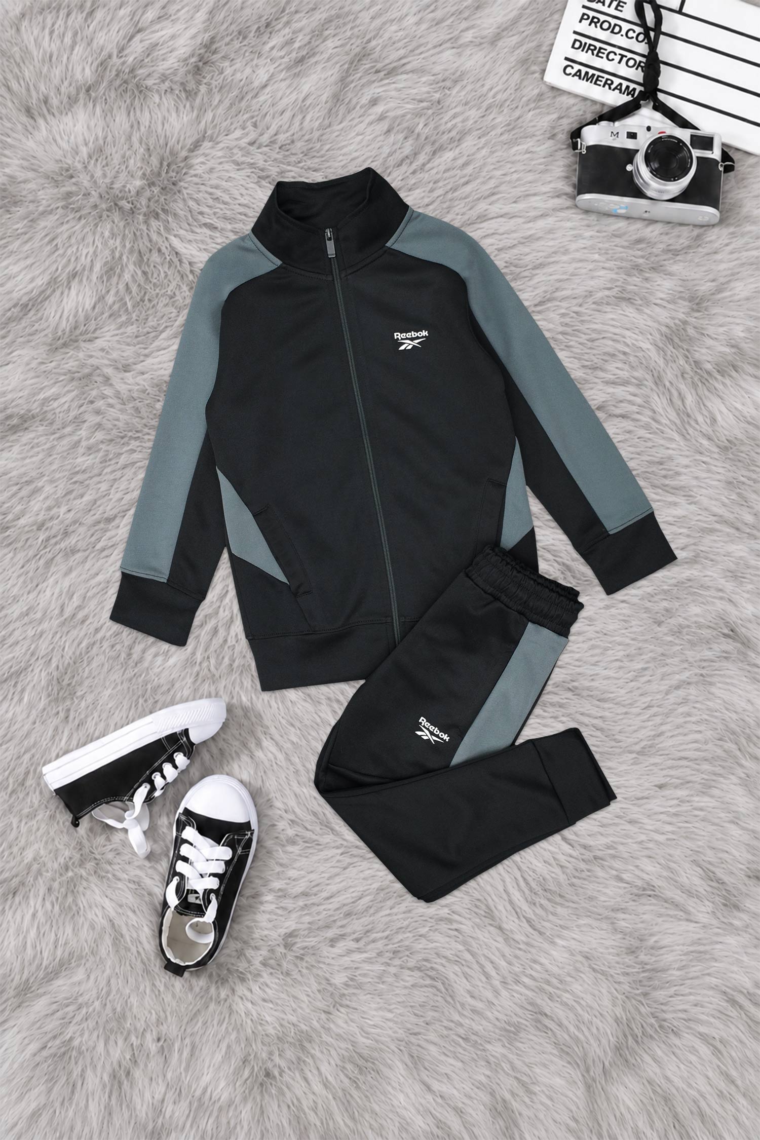 Rebok Tech-Fit Wind Breaker Zipper Kid's Co-Ord Set In Black