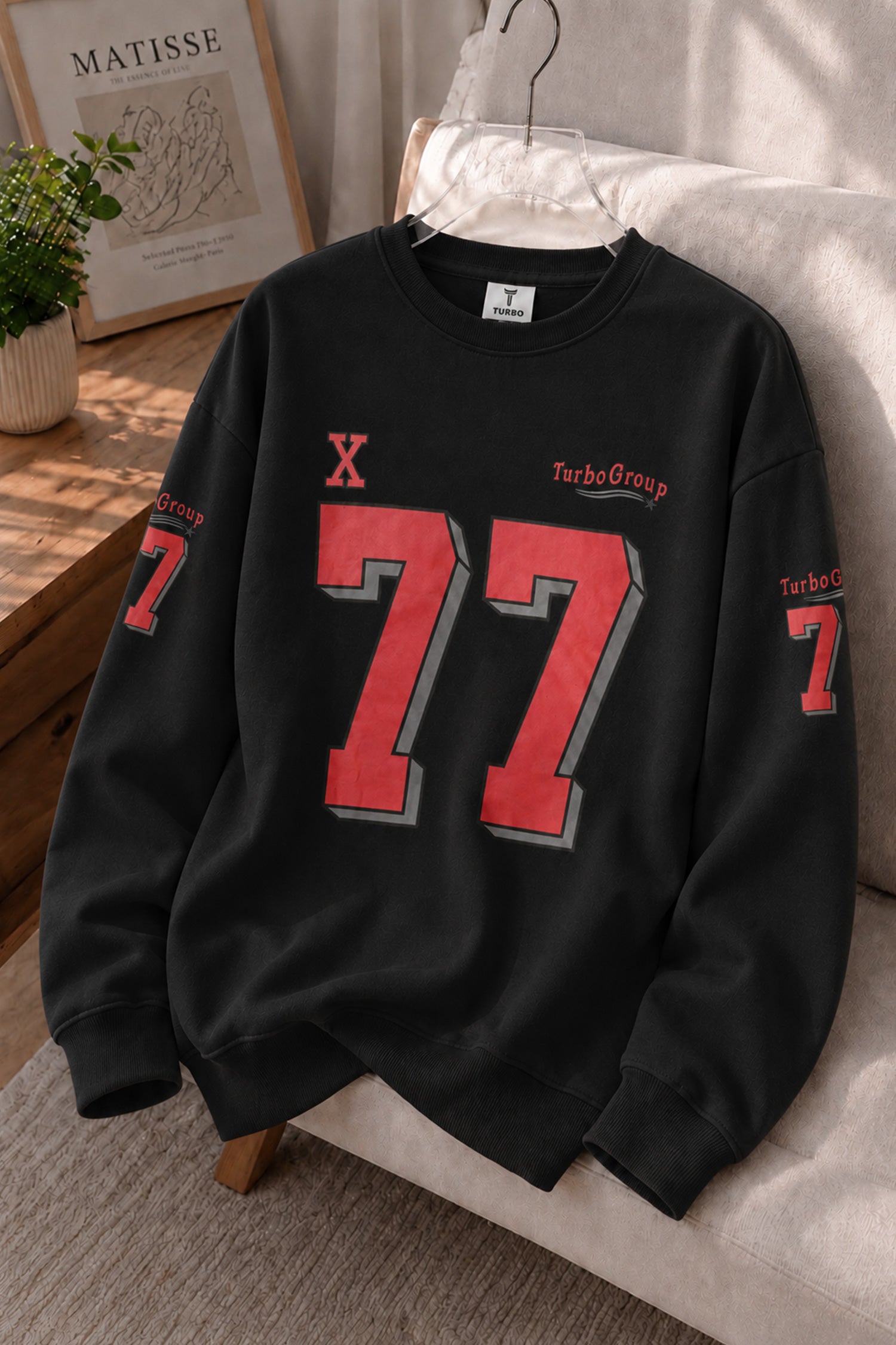 Turbo "77" Graphic Oversize Round Neck Men's Sweatshirt In Black