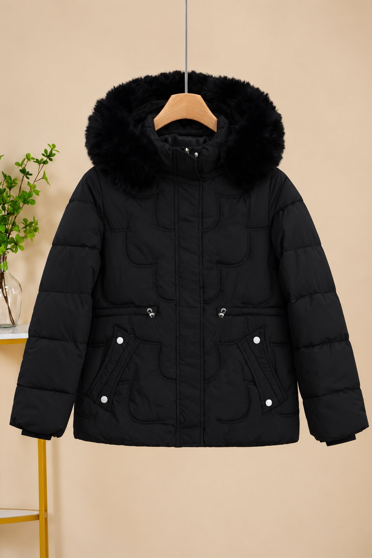 Women Scallop-Patterned Detachable Arm & Hood Imported Puffer Jacket In Black