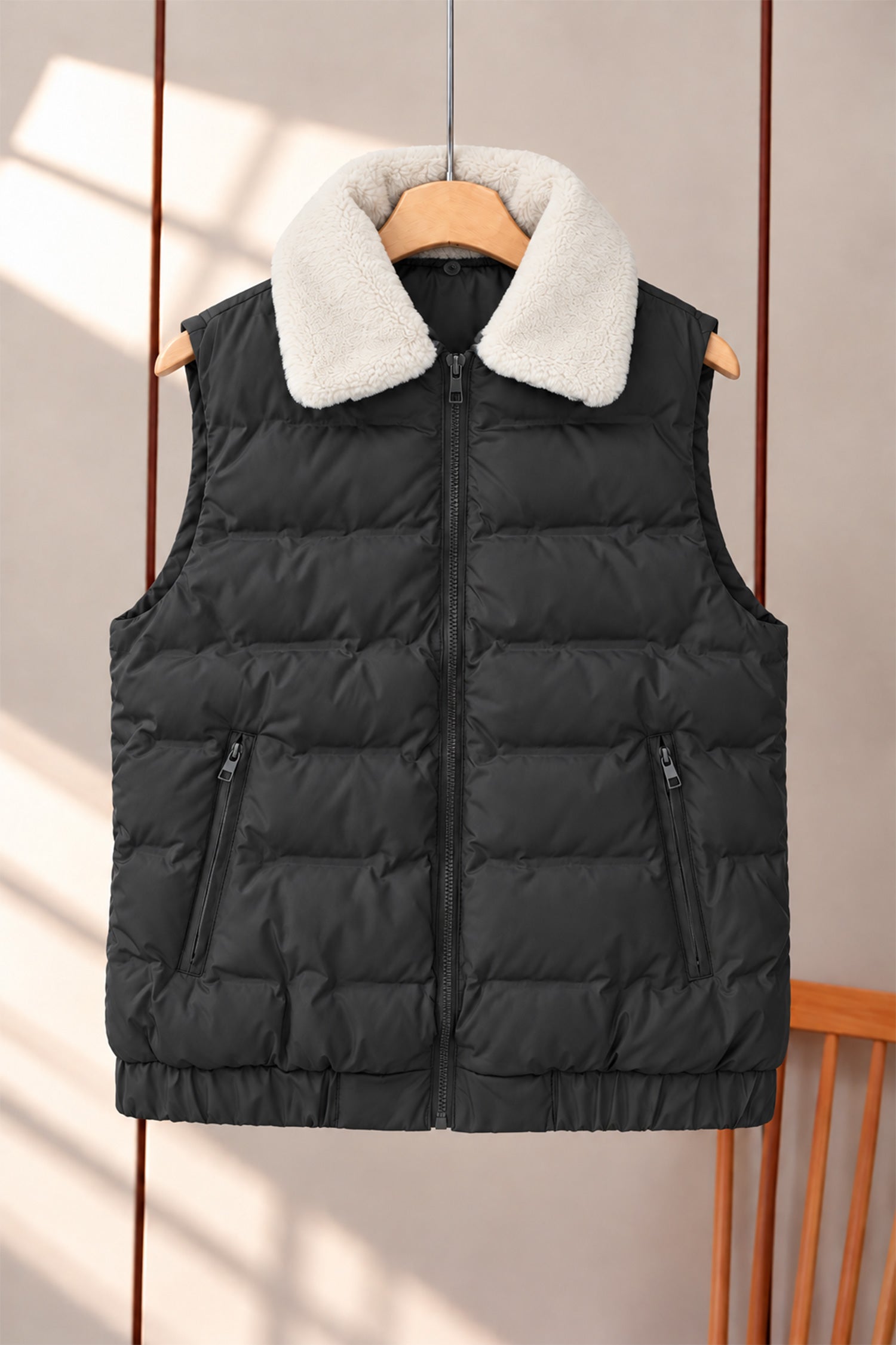 Sherpa Fur Collar Imported Parachute Men's Gilet In Black