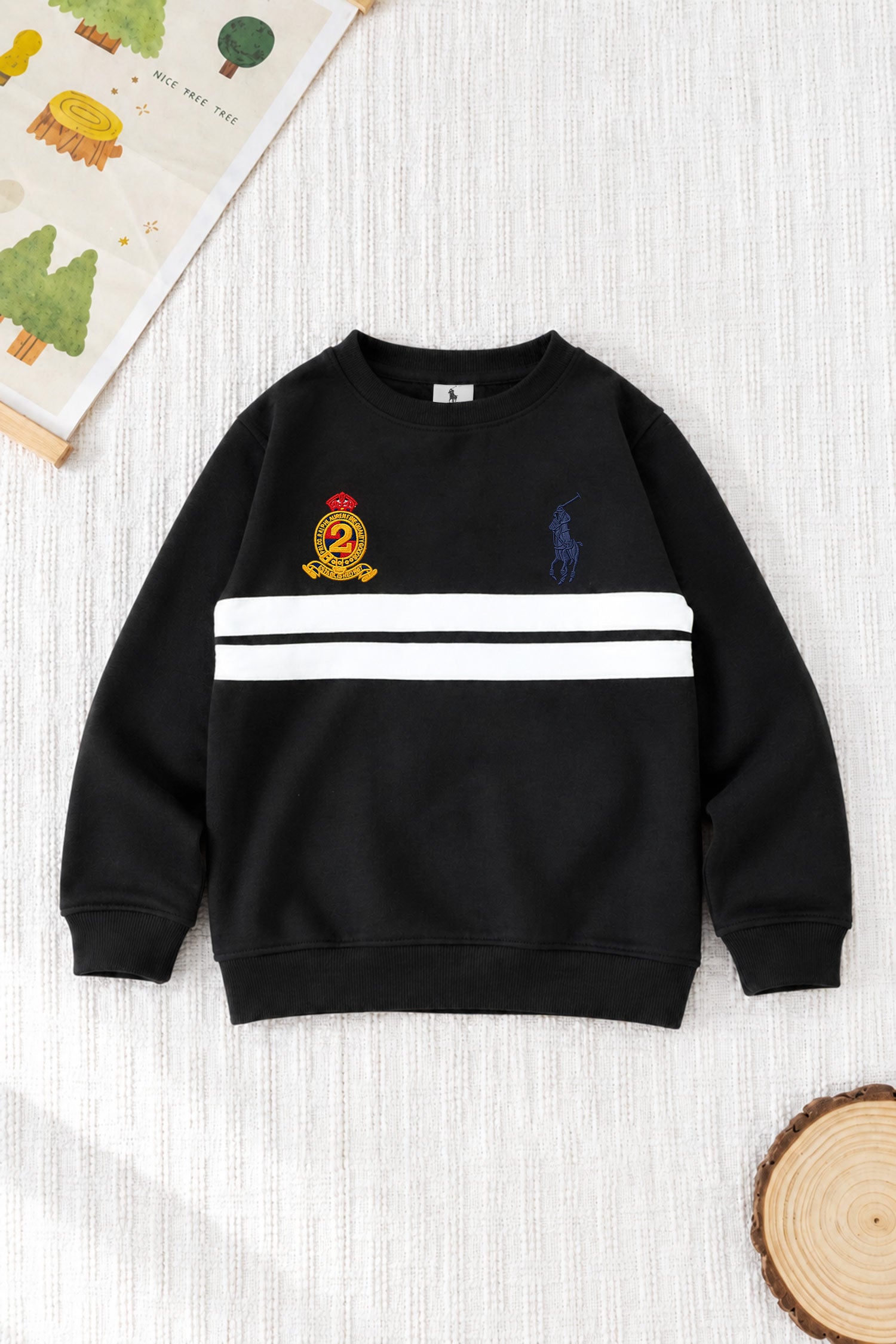 Rph Lren Classic Panneled Round Neck Kid's Sweatshirt In Black