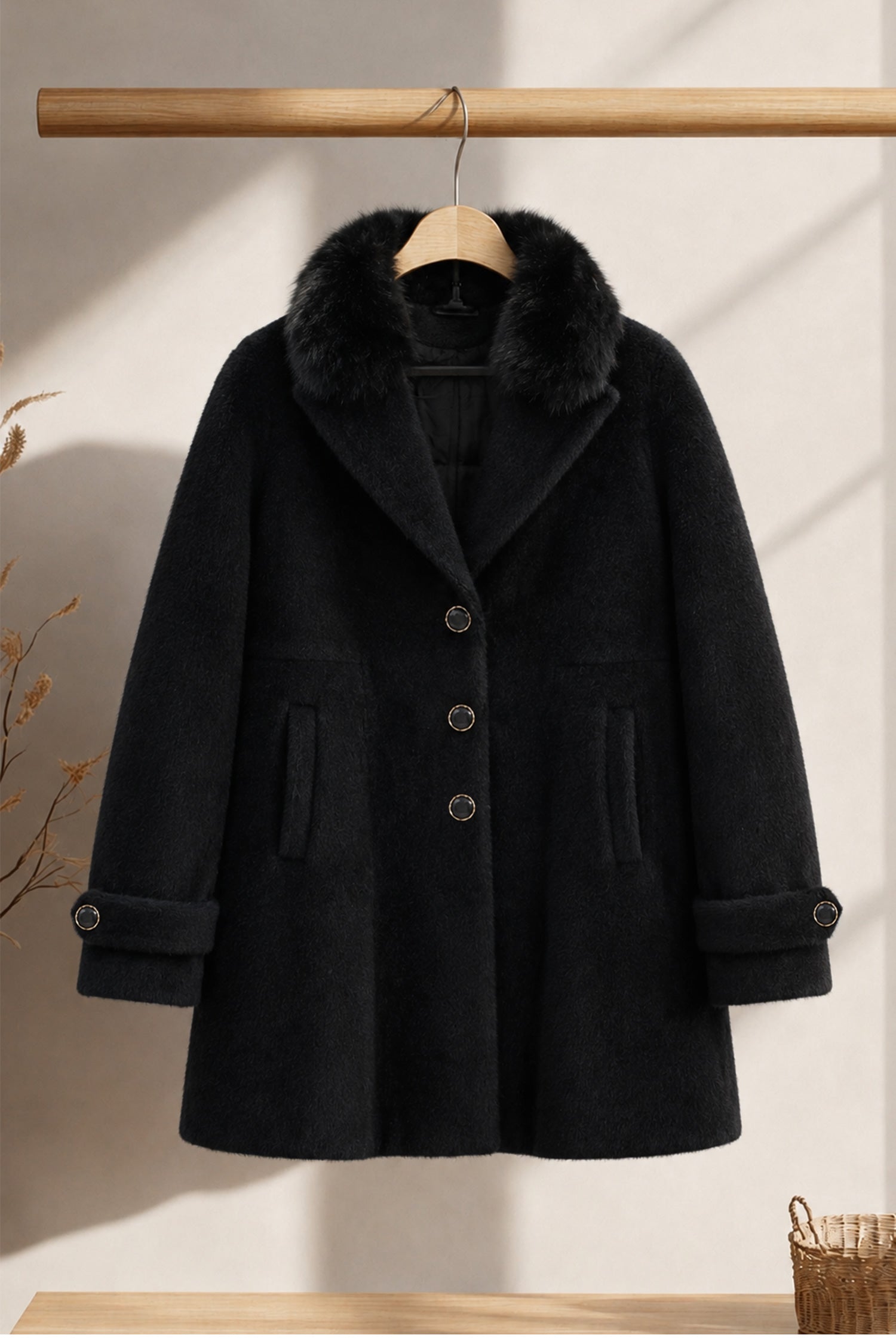 Women's Single Breasted Imp Wool Long Coat In Black