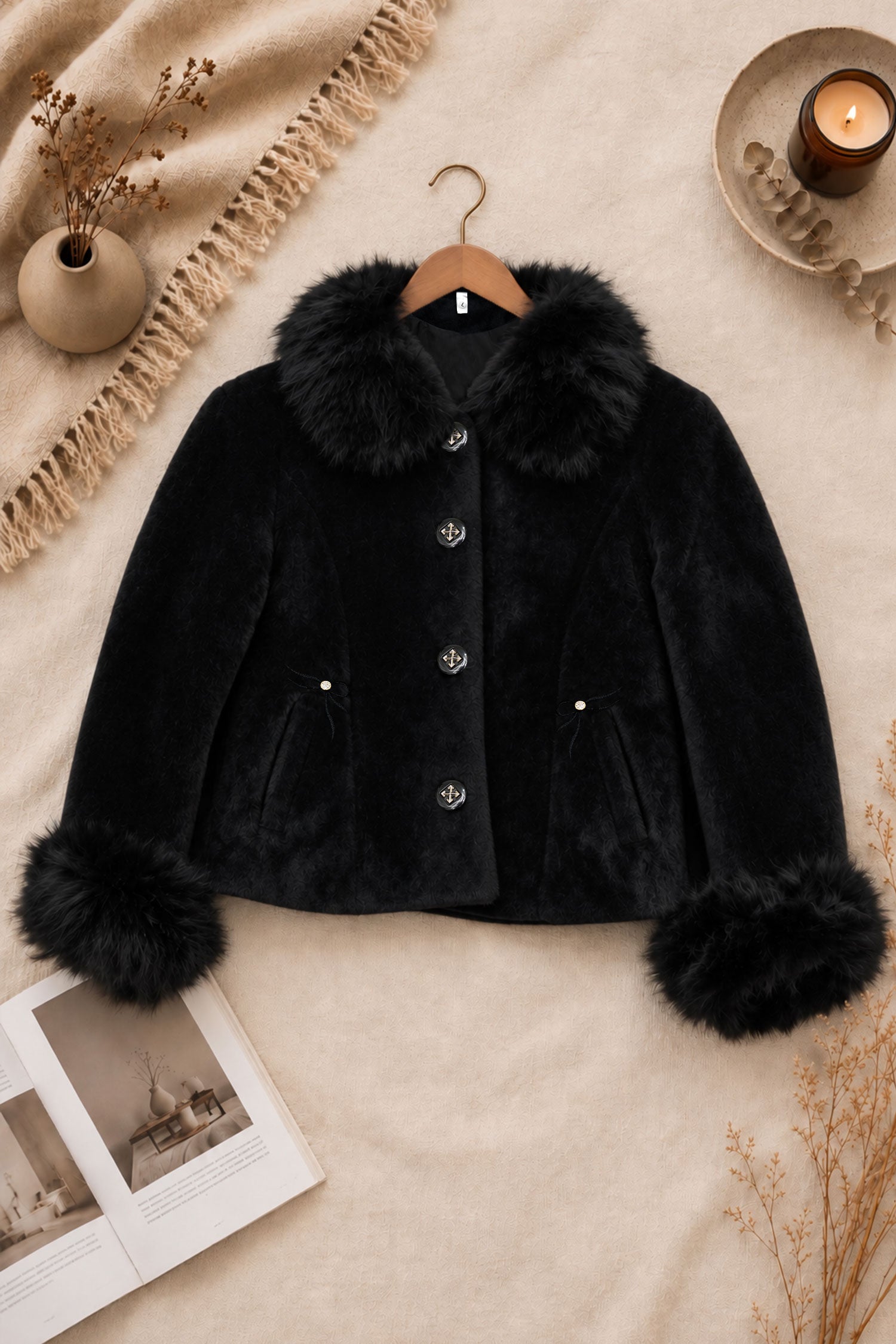 Women Plush Collar Cape Imported Fur Jacket In Black