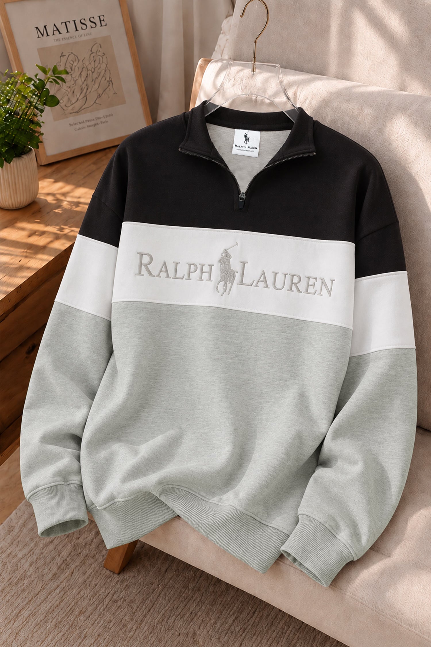 Plo Rph Lren Heritage Mock-Neck Zip Style Men's Sweatshirt In Black