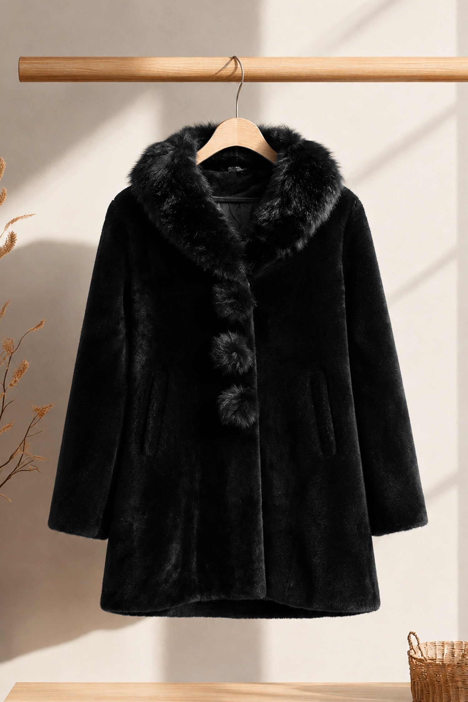 Women's Unique Spherical Buttons Imp Wool Long Coat In Black