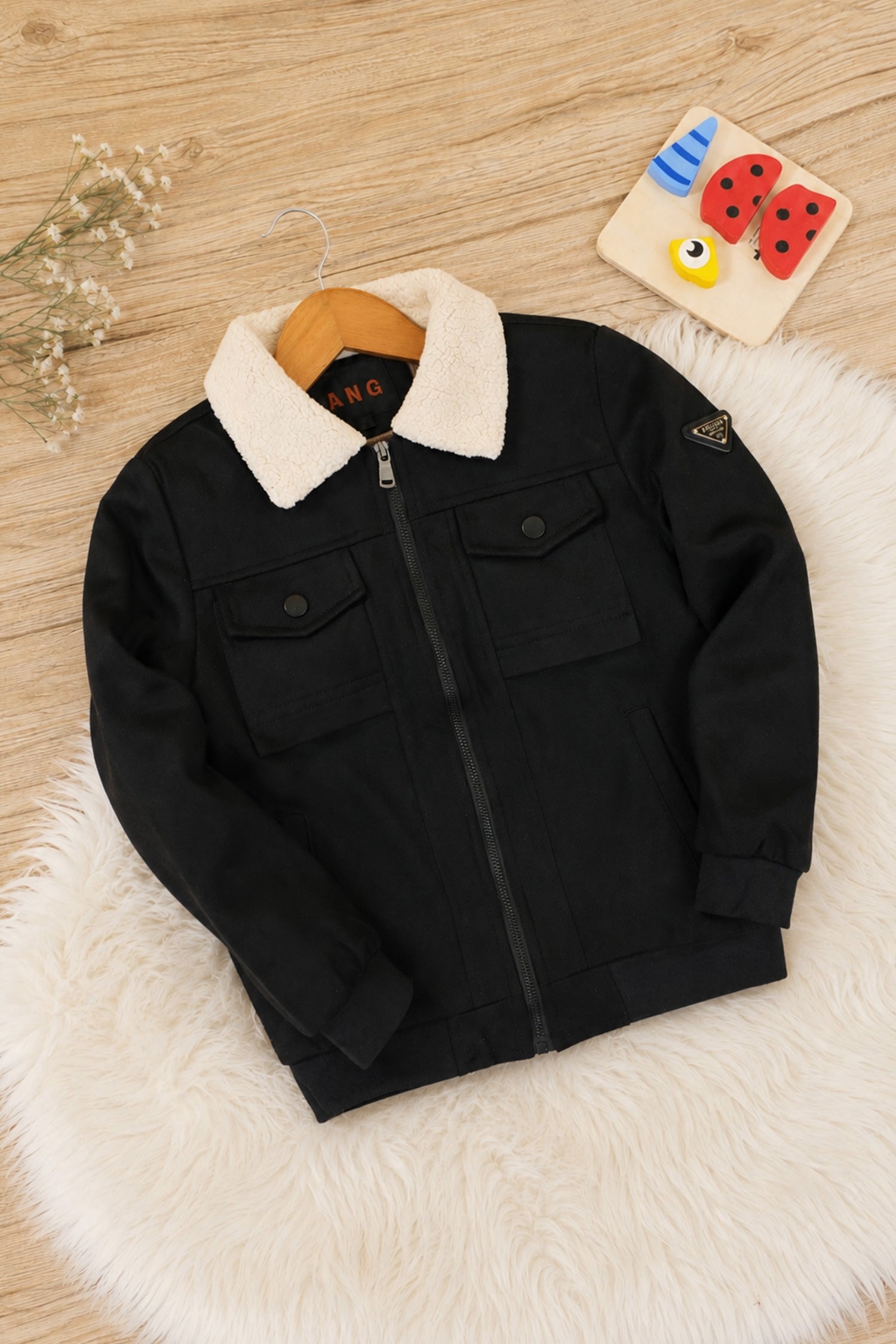 Neutral Faux Imported Kid's Suede Jacket In Black