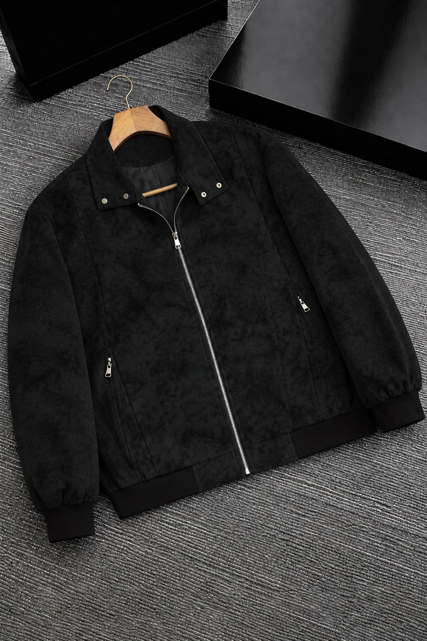 Men's Classic Stand Suede Leather Jacket In Black