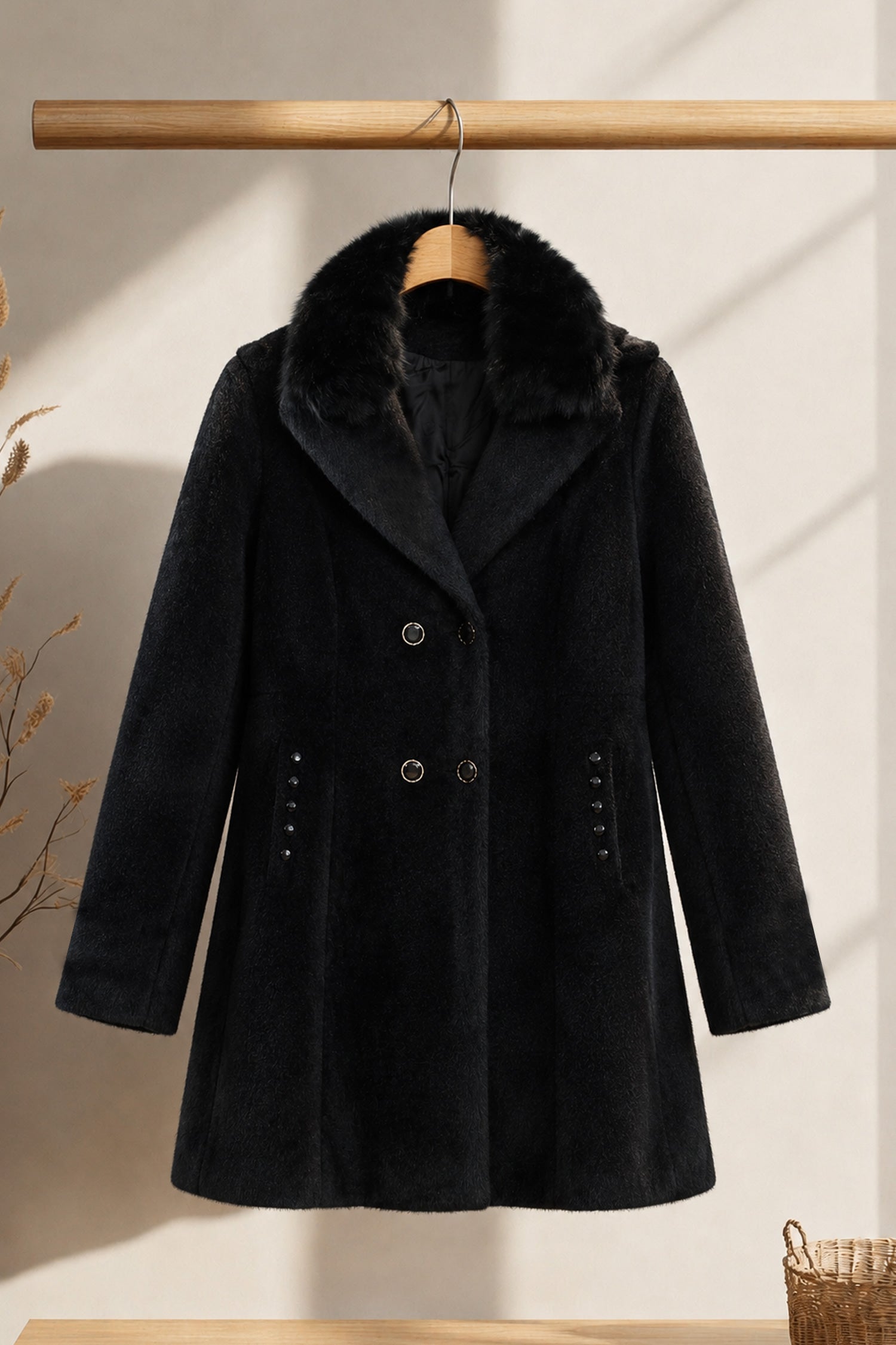 Women's Double-Breasted Design Imp Wool Long Coat In Black