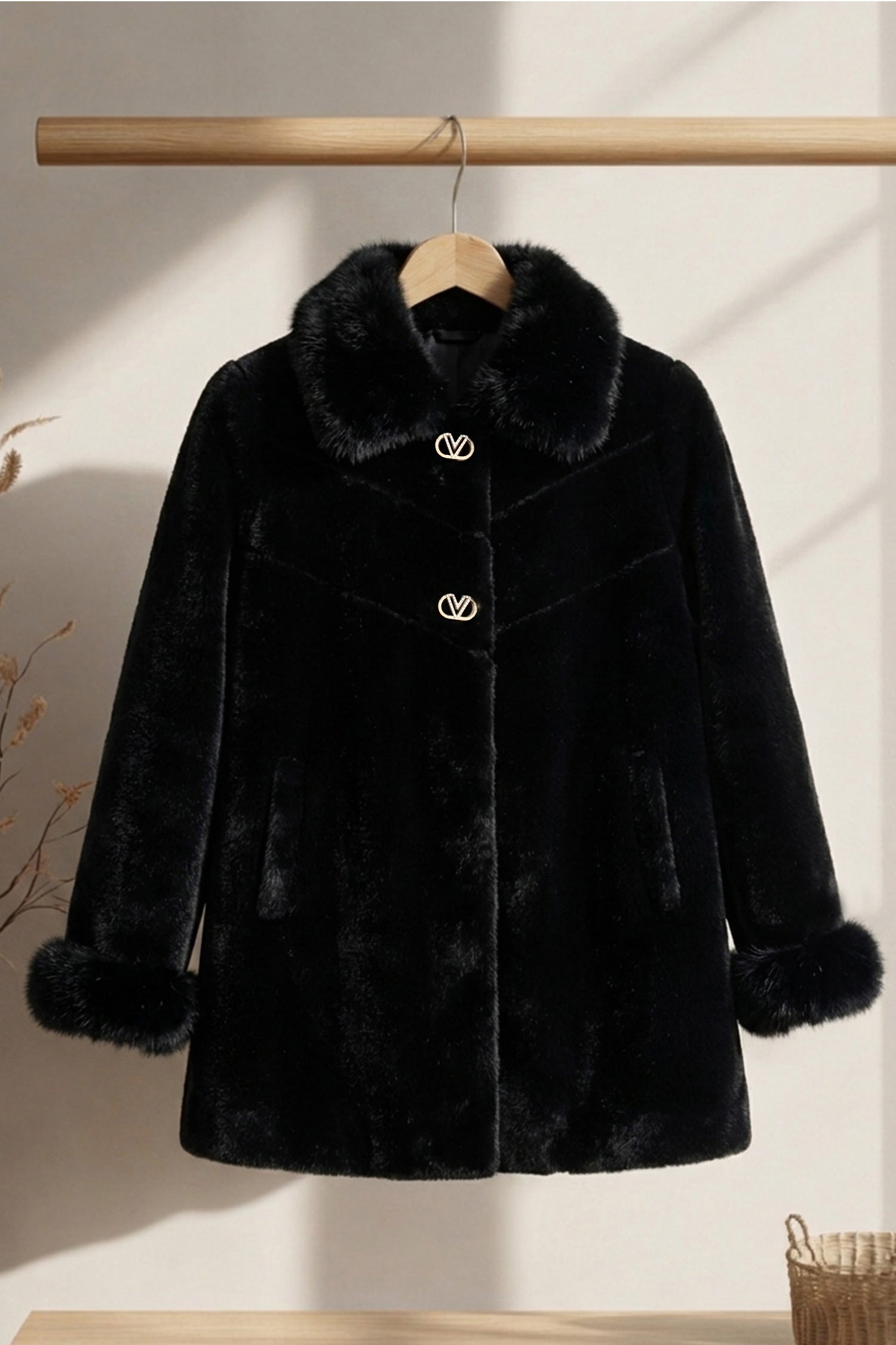 Women's Double Faux Fur Teddy Imp Wool Long Coat In Black