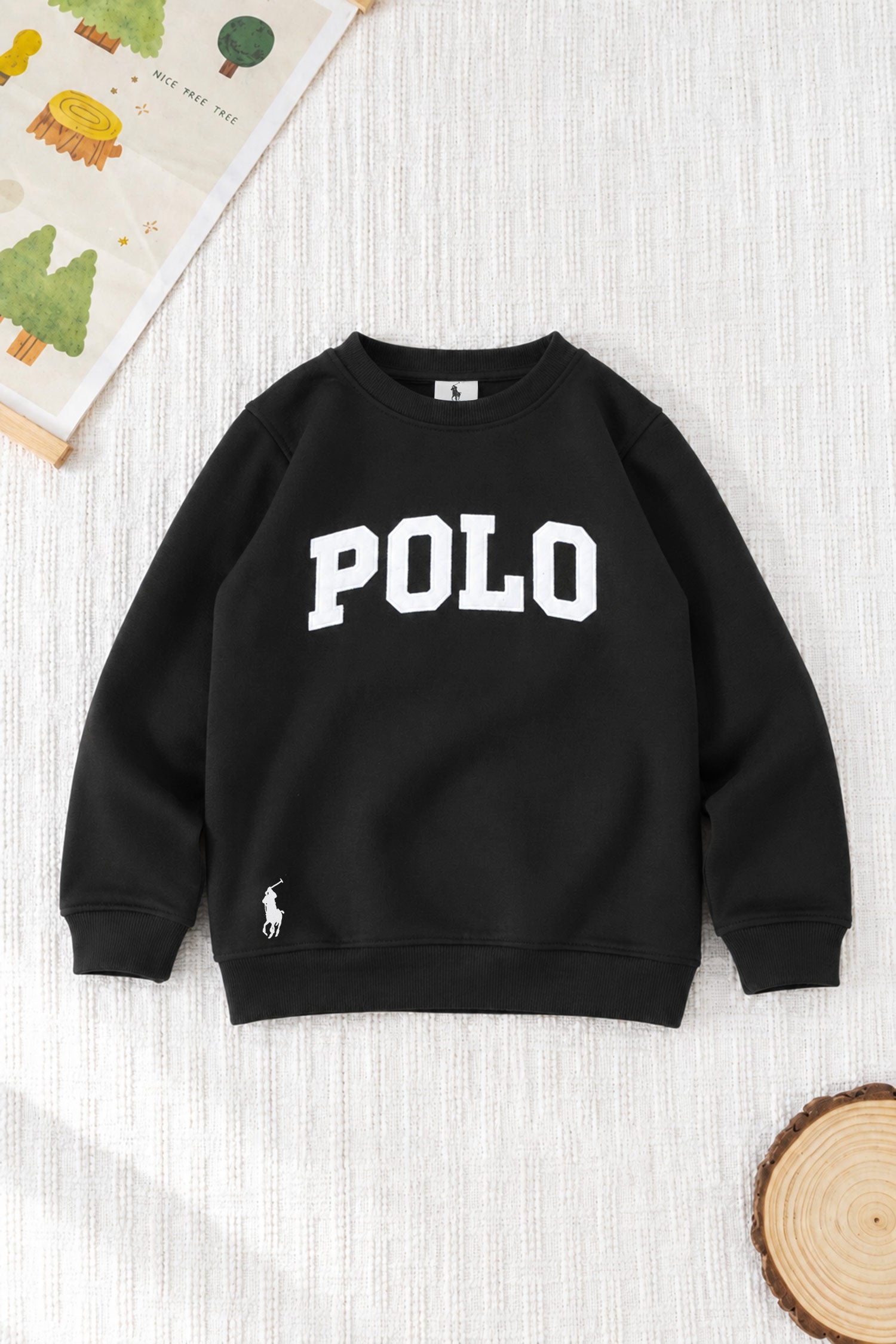 Polo Pony Basic Round Neck Kid's Sweatshirt In Black