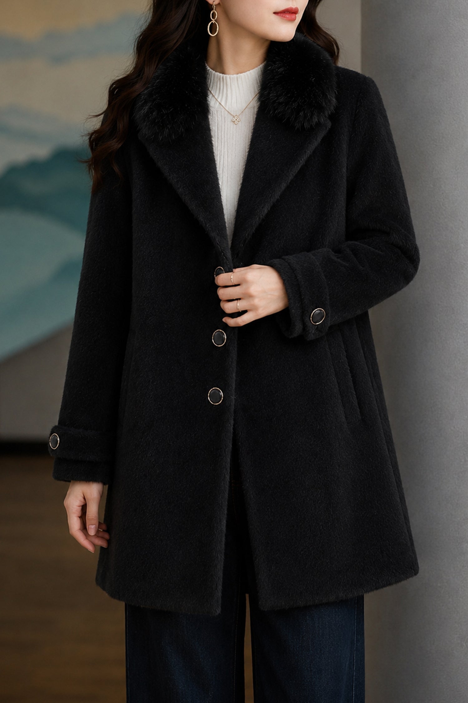 Women's Single Breasted Imp Wool Long Coat In Black