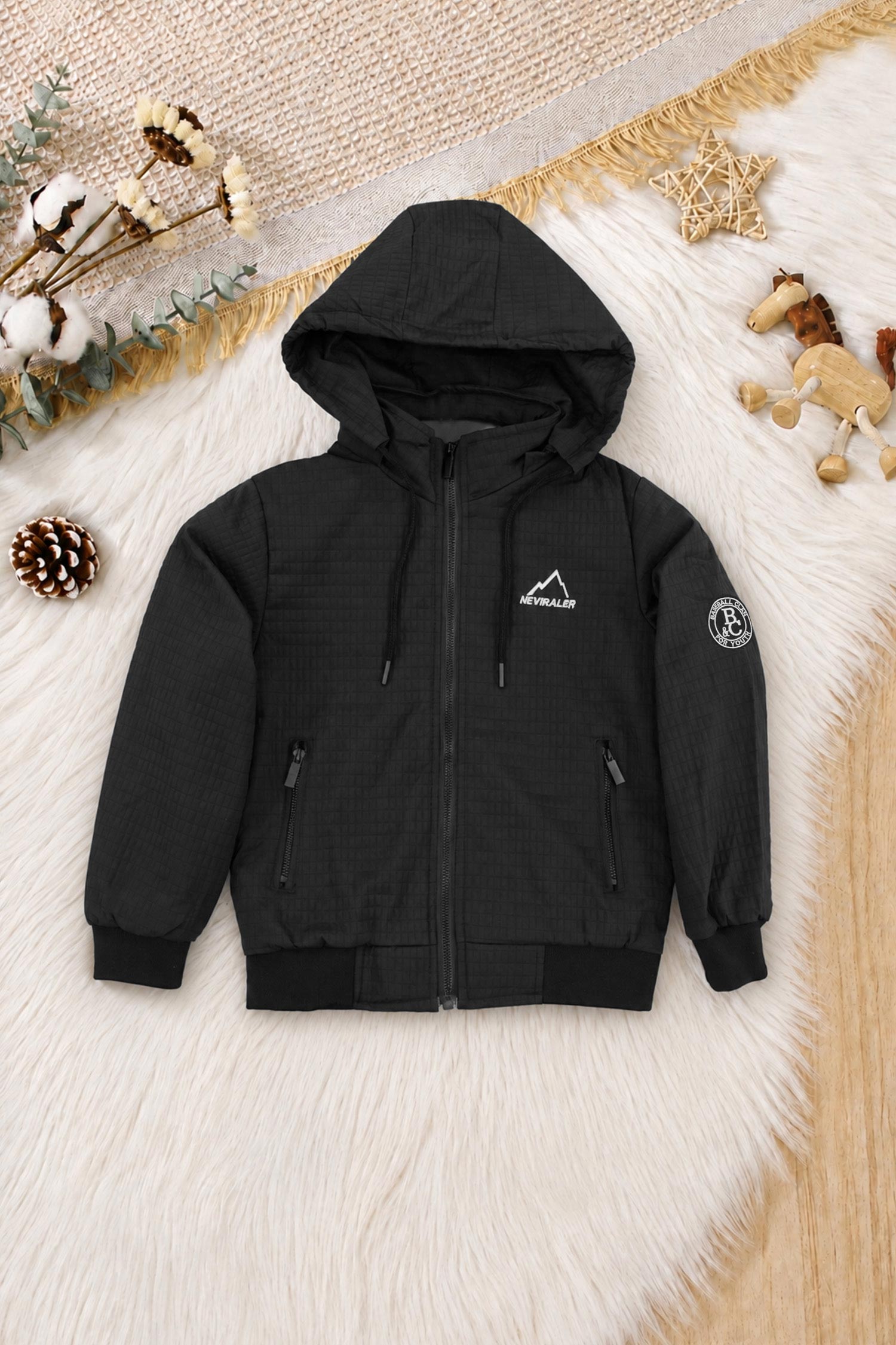 Windproof Reflective Detachable Hood Imported Kid's Puffer Jacket In Black