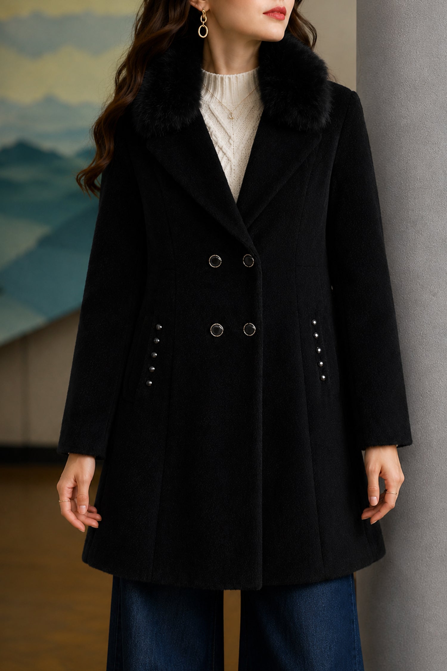Women's Double-Breasted Design Imp Wool Long Coat In Black