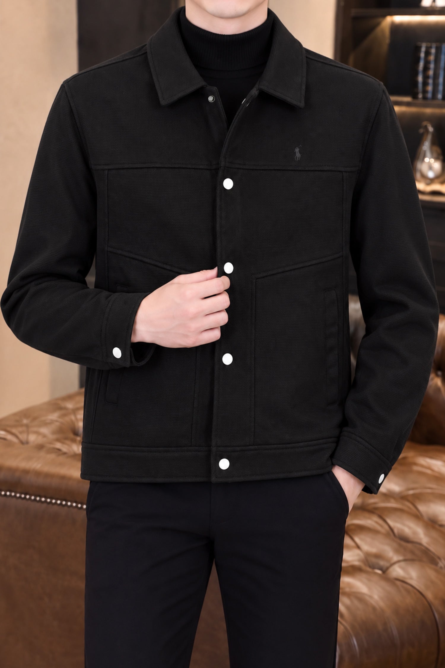 Turbo x Polo Heritage Casual Corduroy Imported Men's Suede Wool Jacket In Black
