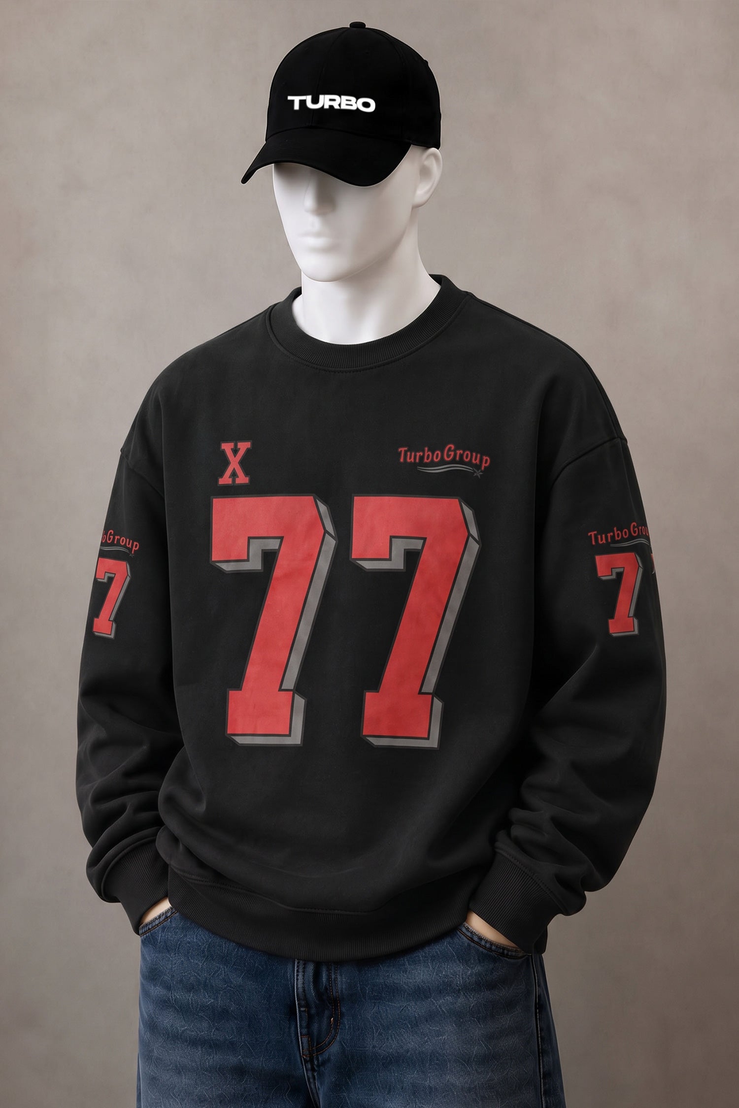 Turbo "77" Graphic Oversize Round Neck Men's Sweatshirt In Black
