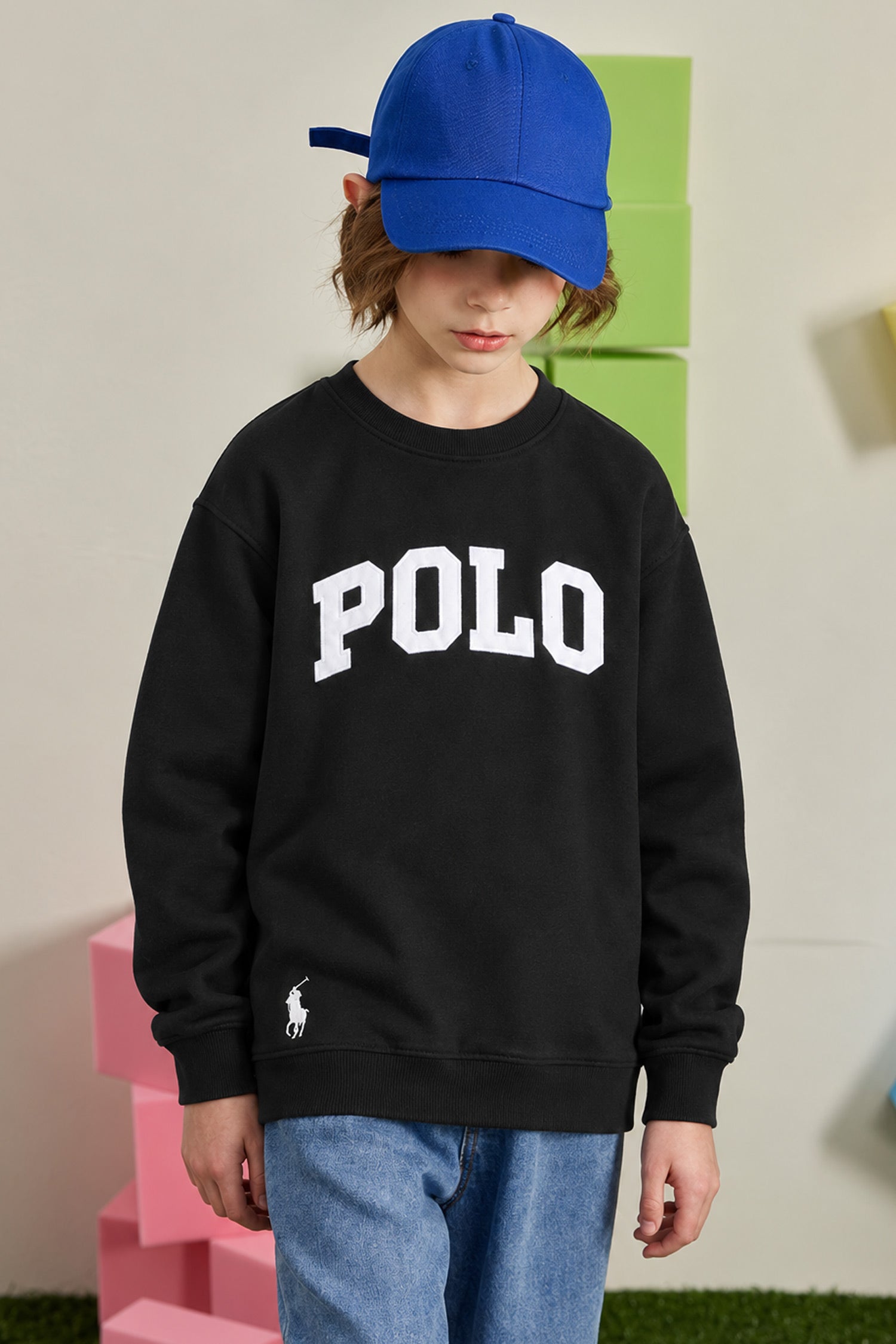 Polo Pony Basic Round Neck Kid's Sweatshirt In Black