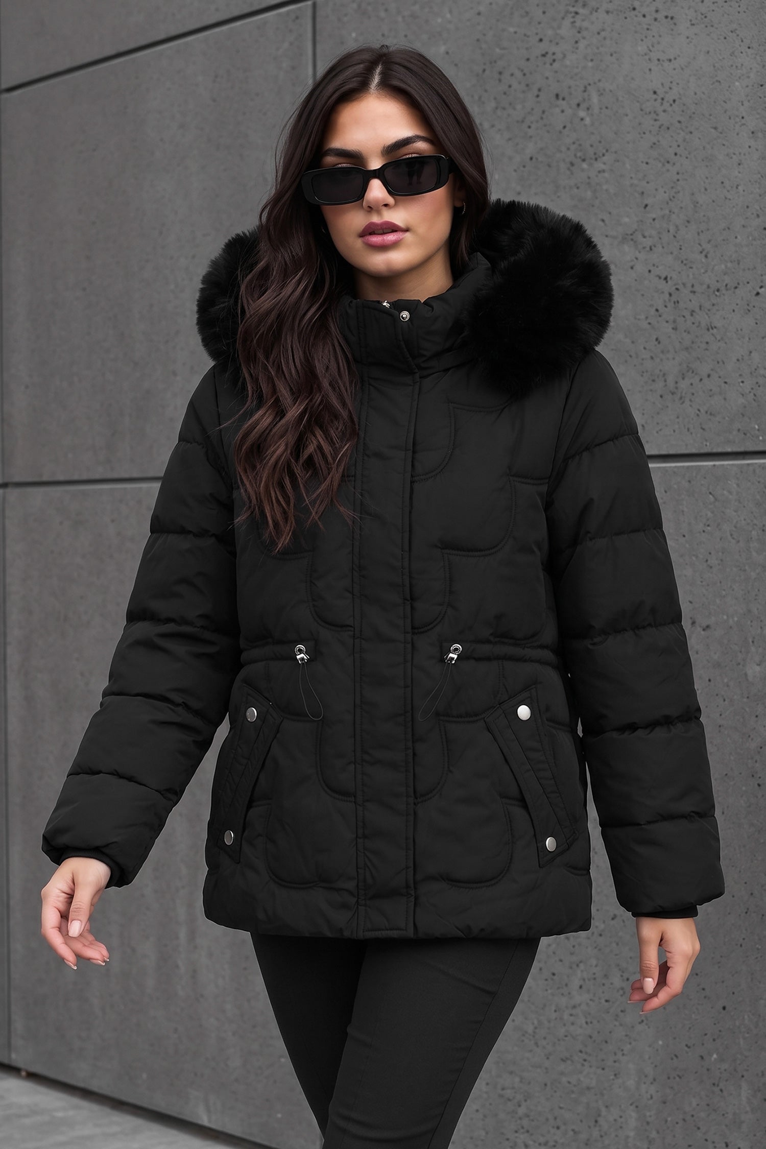 Women Scallop-Patterned Detachable Arm & Hood Imported Puffer Jacket In Black