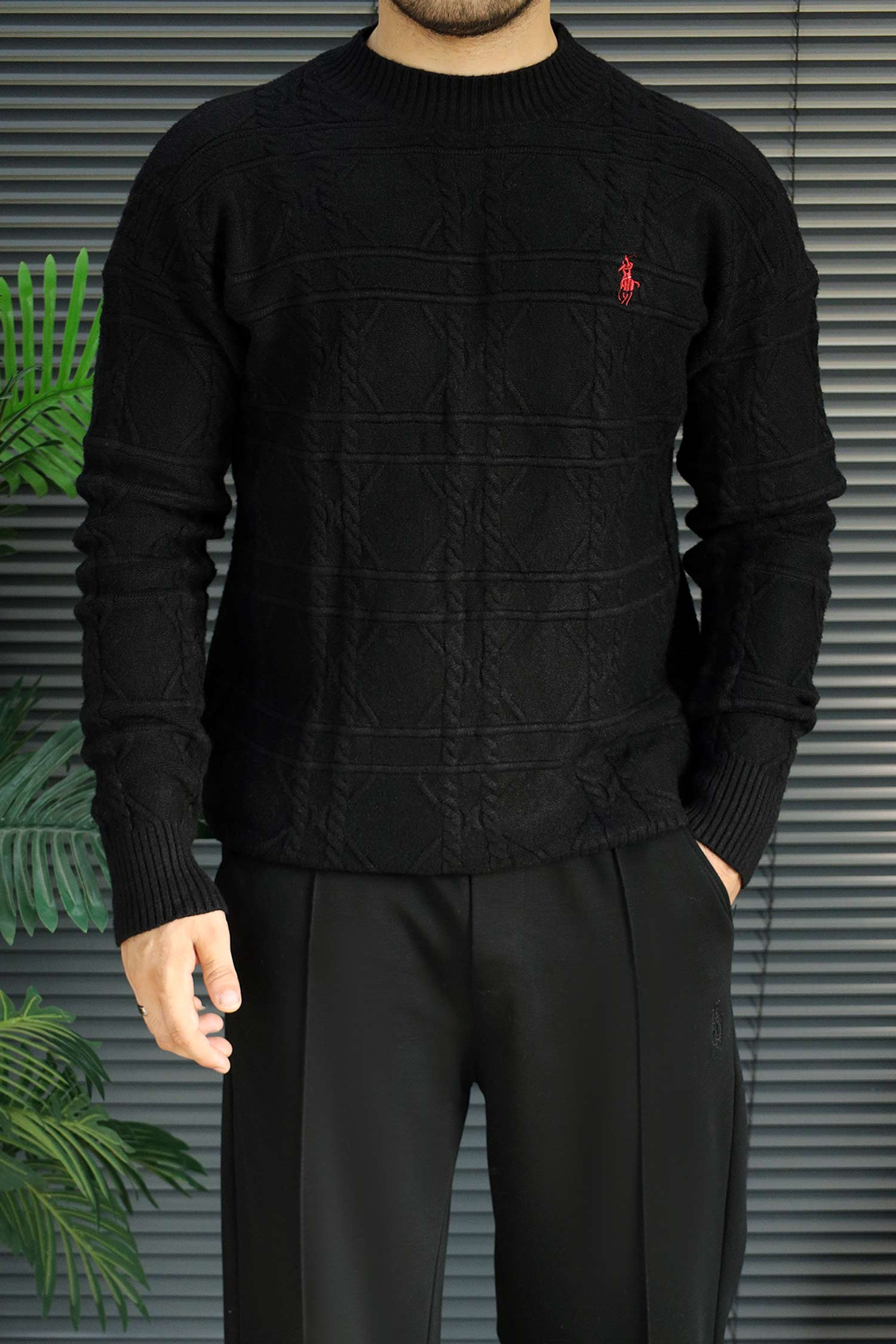 Polo Waffle Textured Imported Round Neck Men's Sweater
