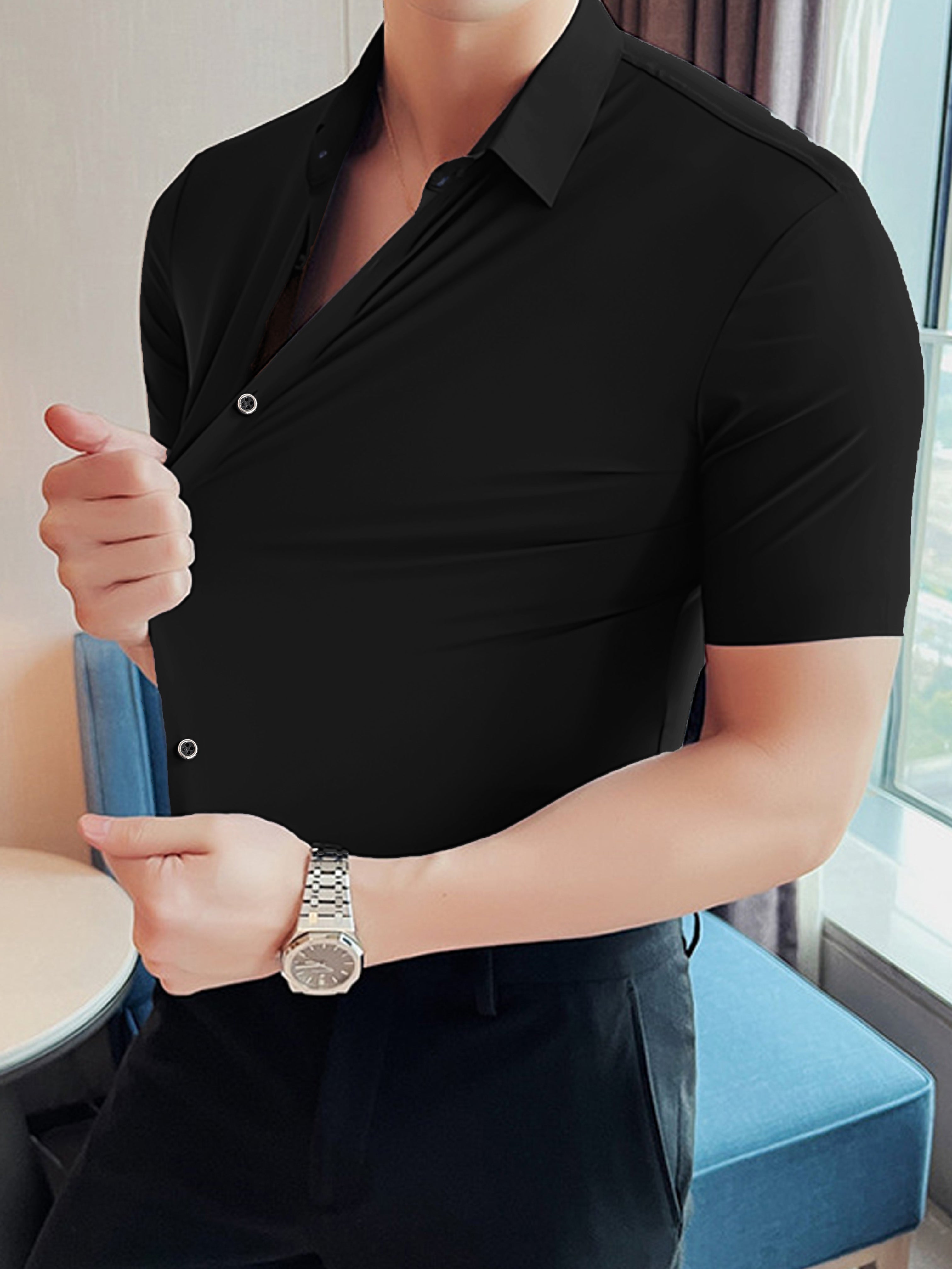 Self Textured Slim Fit Elastic Shirt