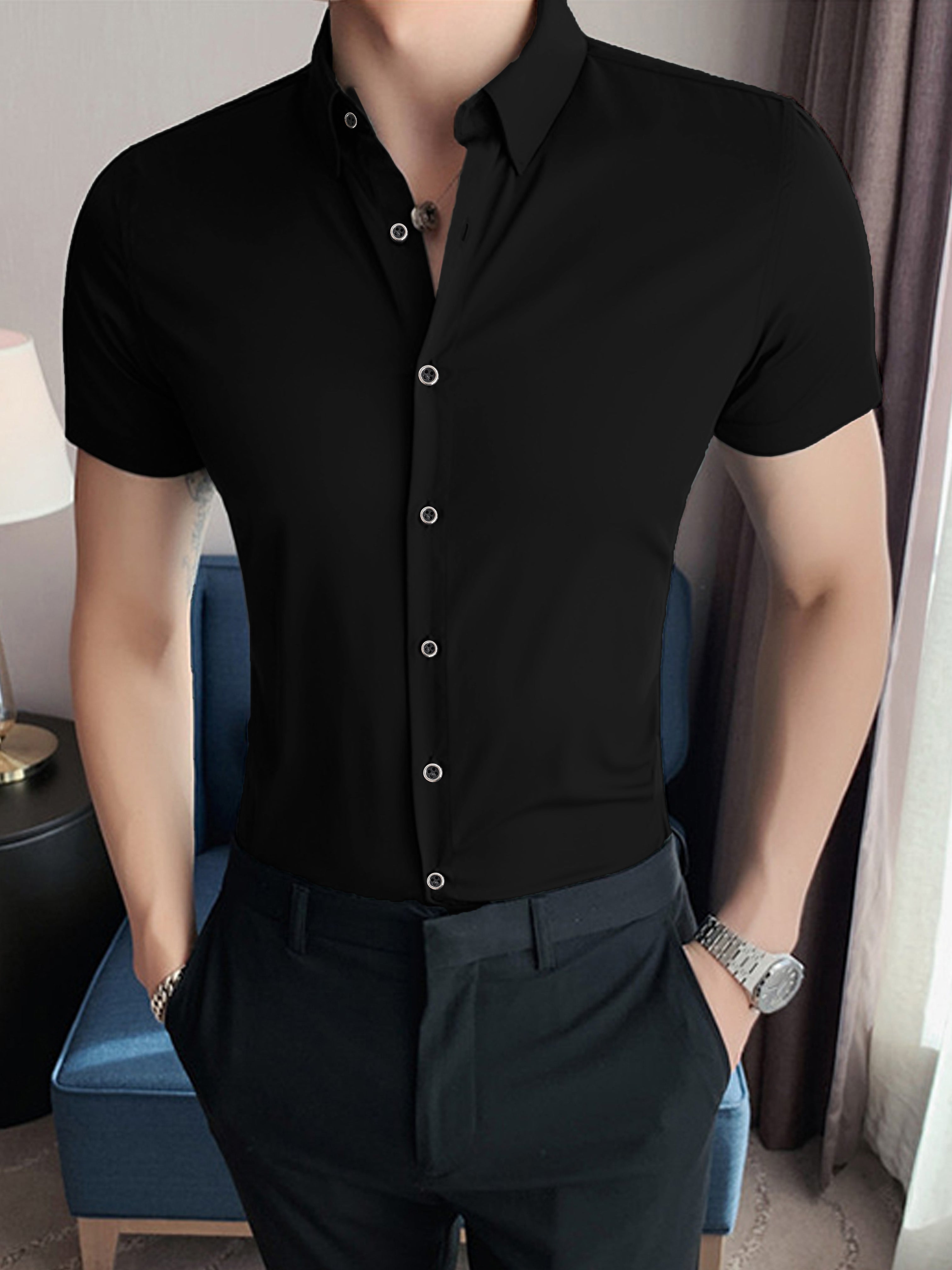 Self Textured Slim Fit Elastic Shirt