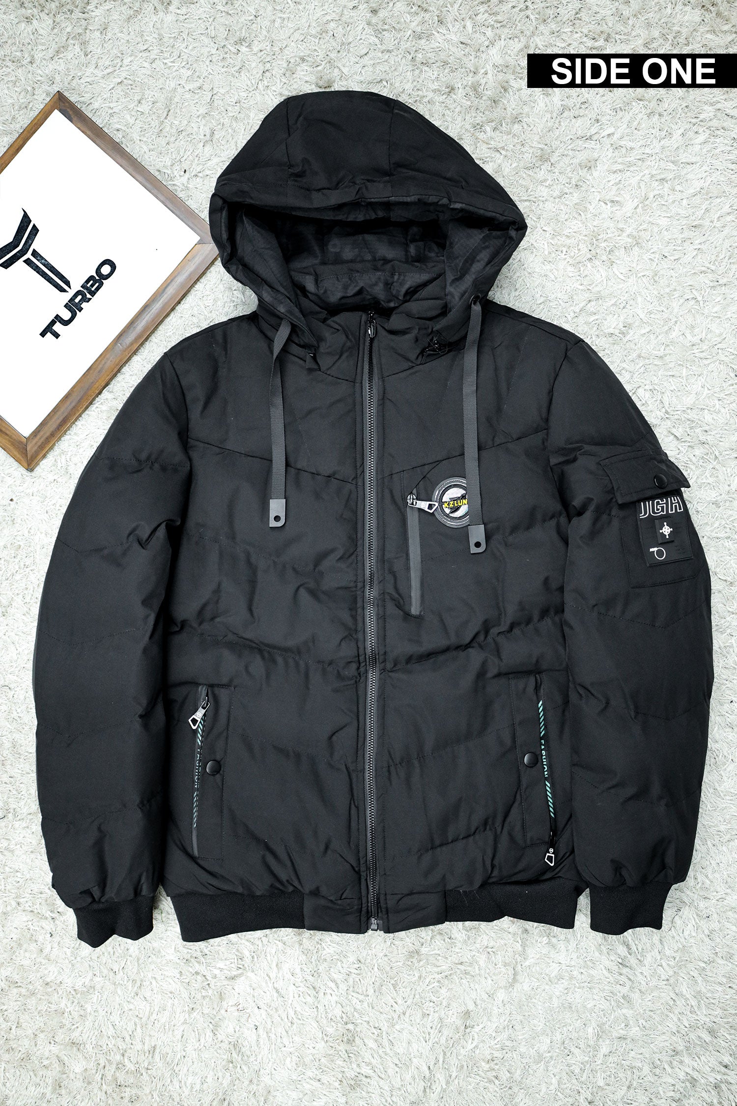 Zipper Motif Quited Hooded Big Size Imported Puffer Jacket