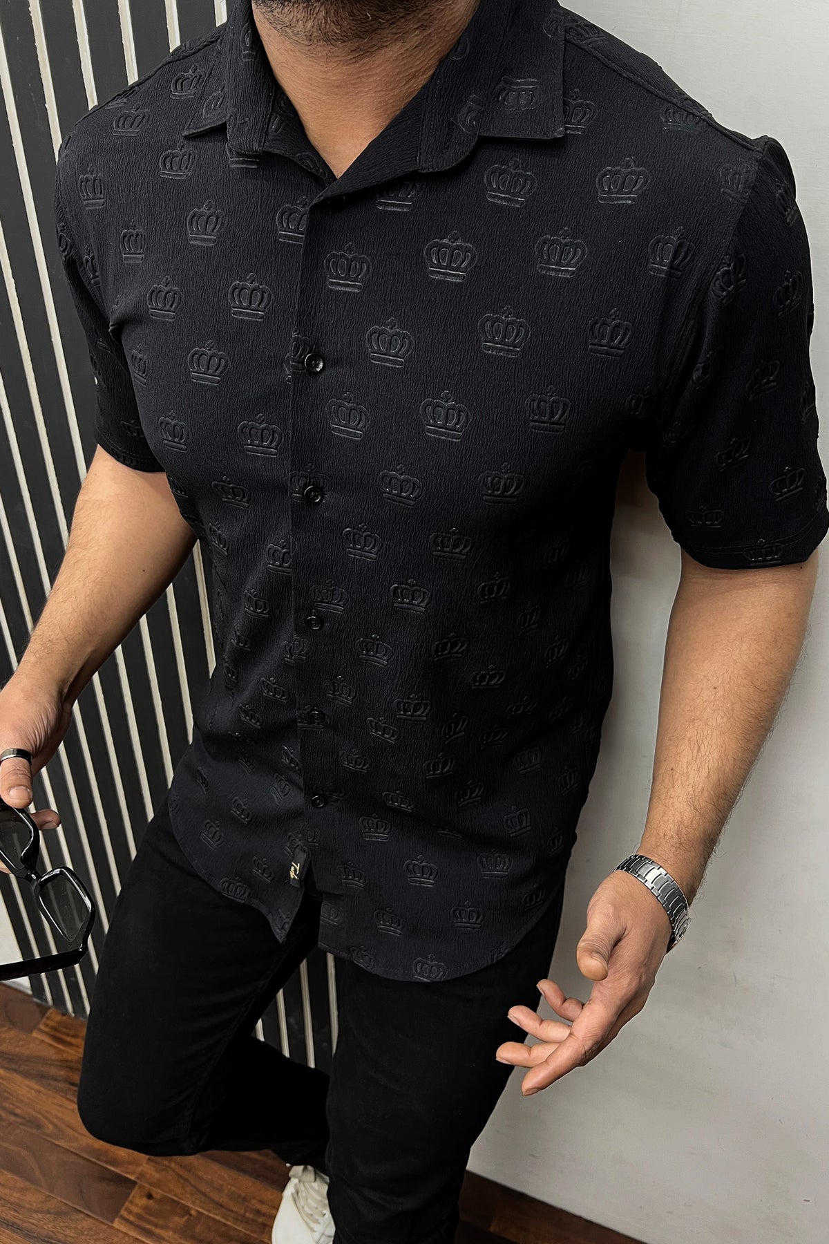 Embossed Crown All Over Casual Shirt In Black
