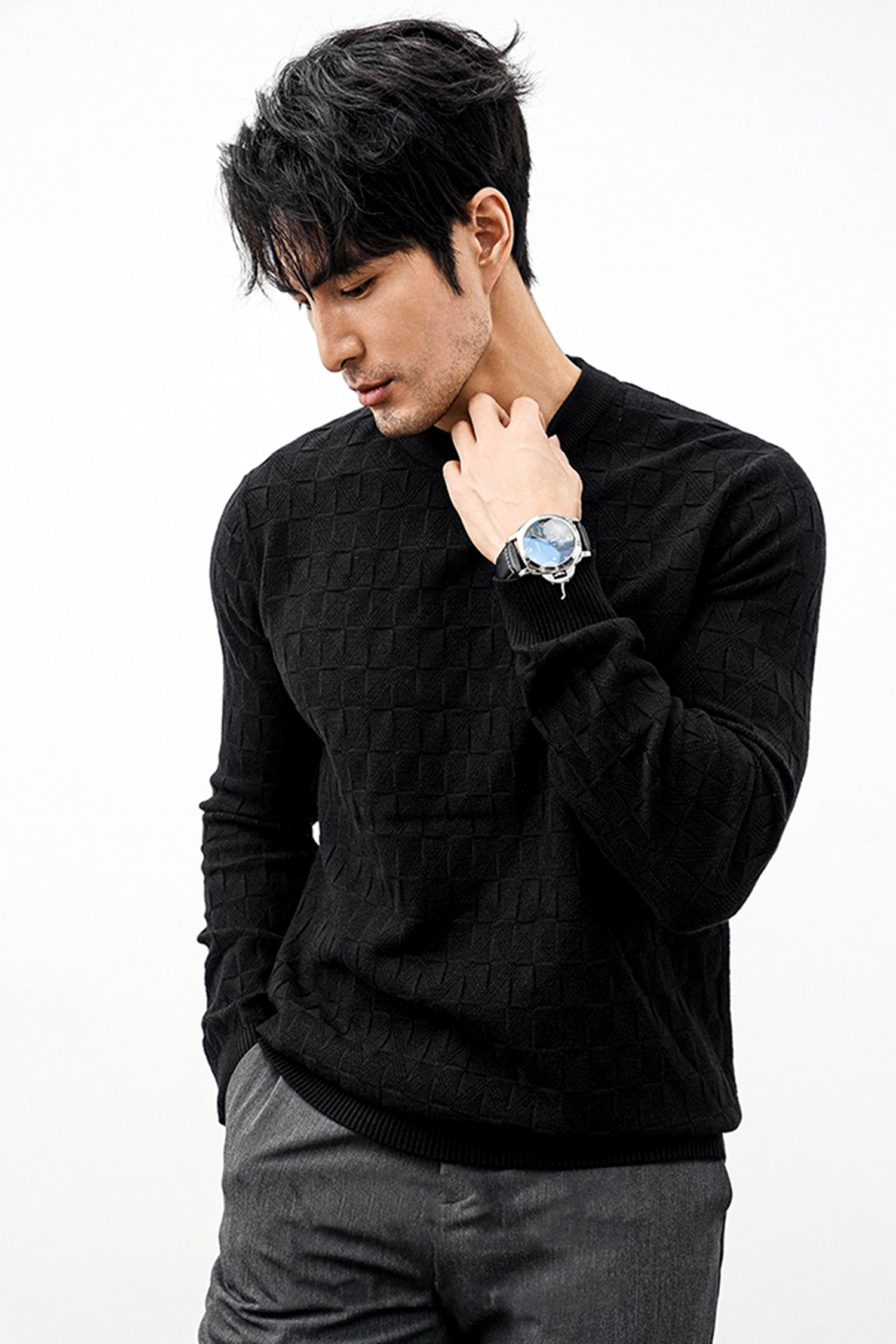 Power Look Patterened Crew-Neck Imported Men's Sweater