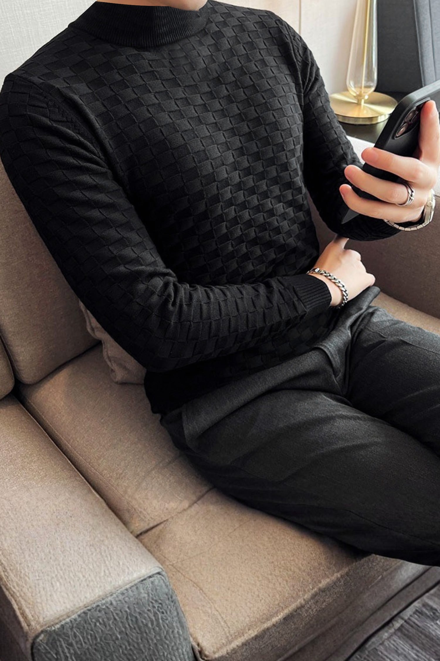 Pullover Waffle Crew-Neck Imported Men's Sweater