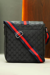 Guci Imported Textured Signature Strip Cross Body Bag in Black