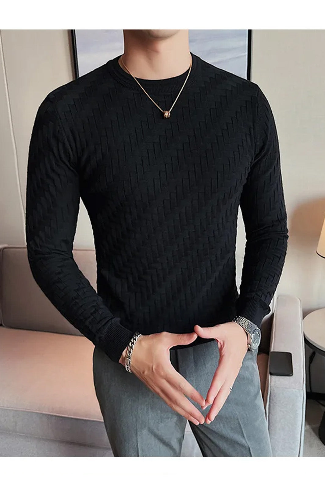 Mountain Friendly Cable Knit Sweater Style Crew Neck Men's Sweatshirt