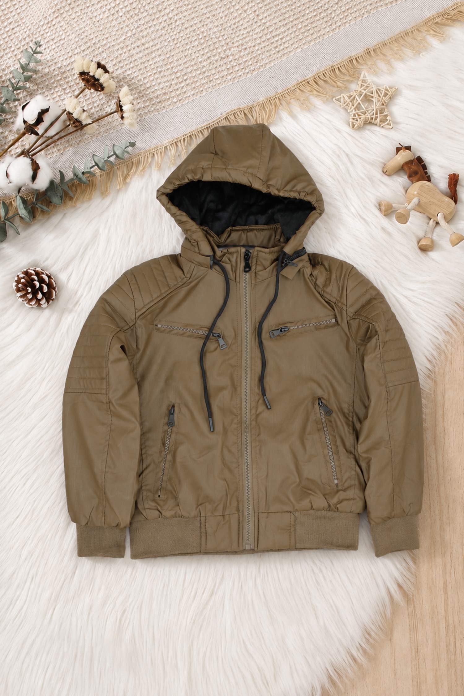 Bomber Detachable Hood Imported Kid's Puffer Jacket In Brown