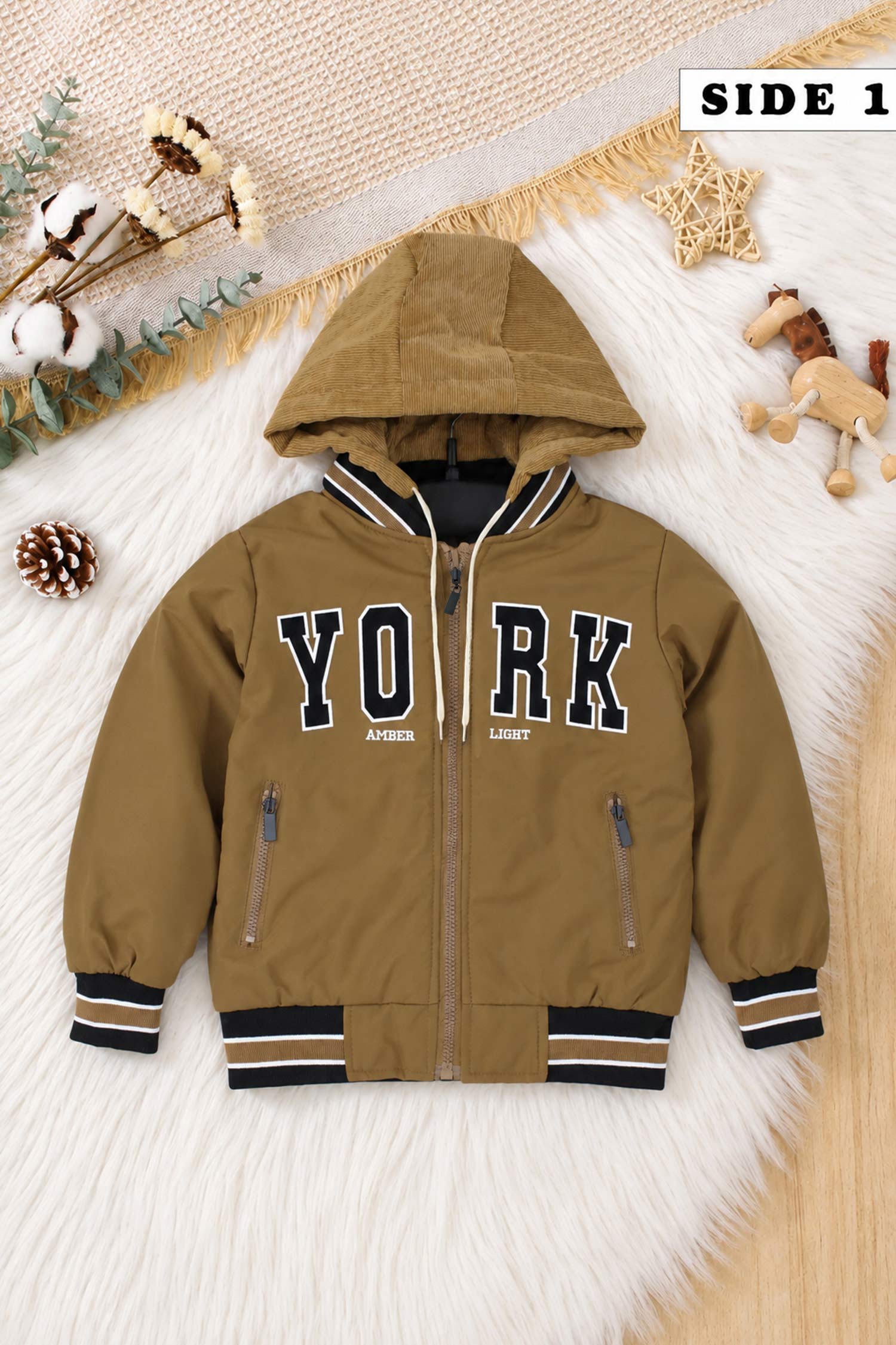 Double-Sided Hooded Insulated Imported Kid's Puffer Jacket In Brown