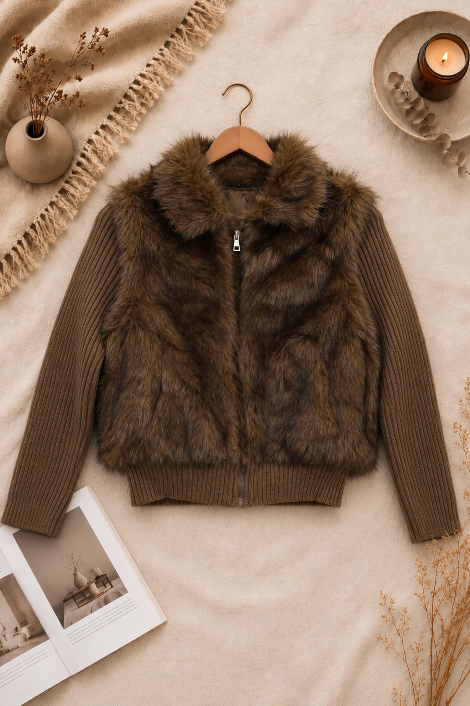 Women Torso & Ribbed Knit Imported Fur Jacket In Brown