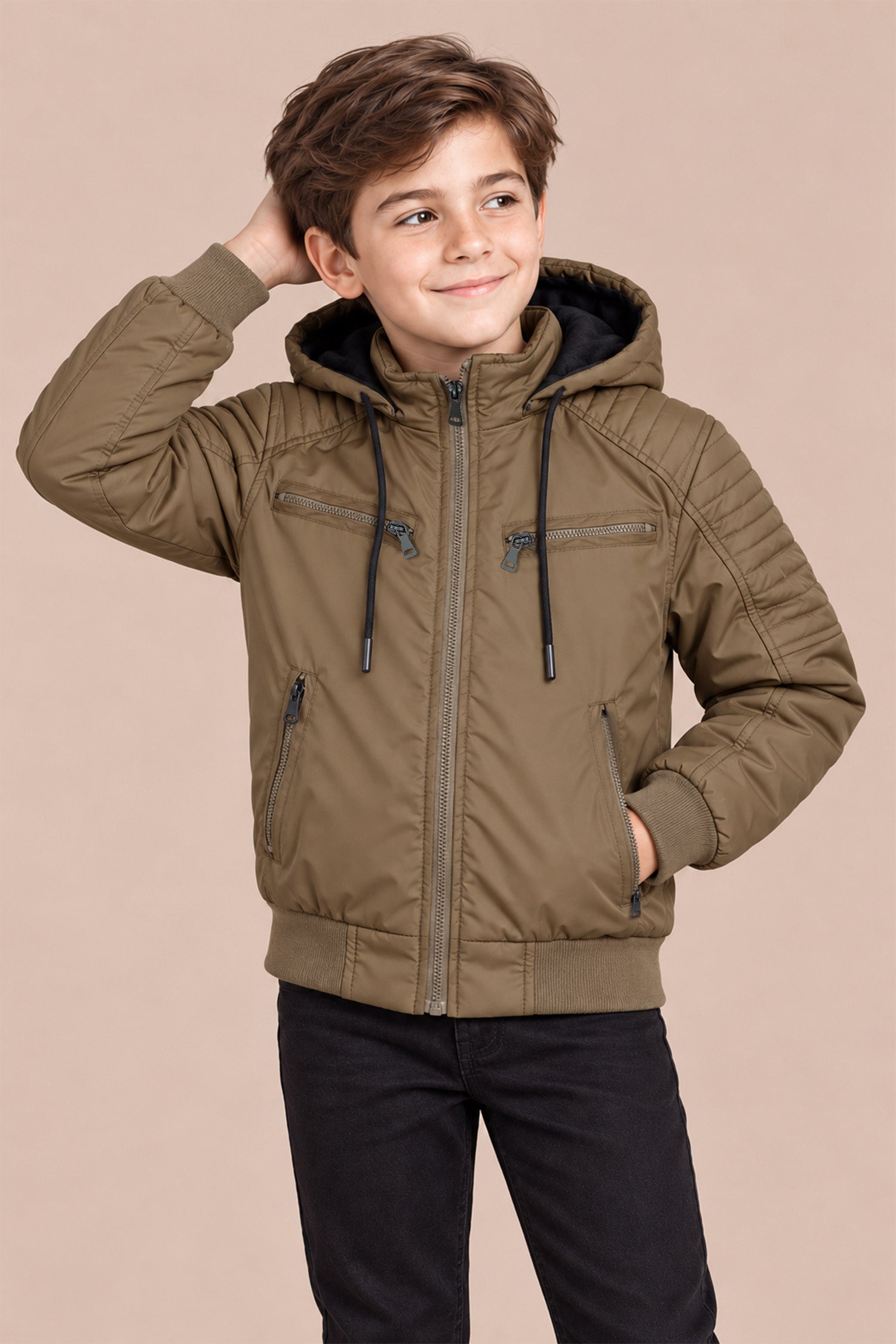Bomber Detachable Hood Imported Kid's Puffer Jacket In Brown