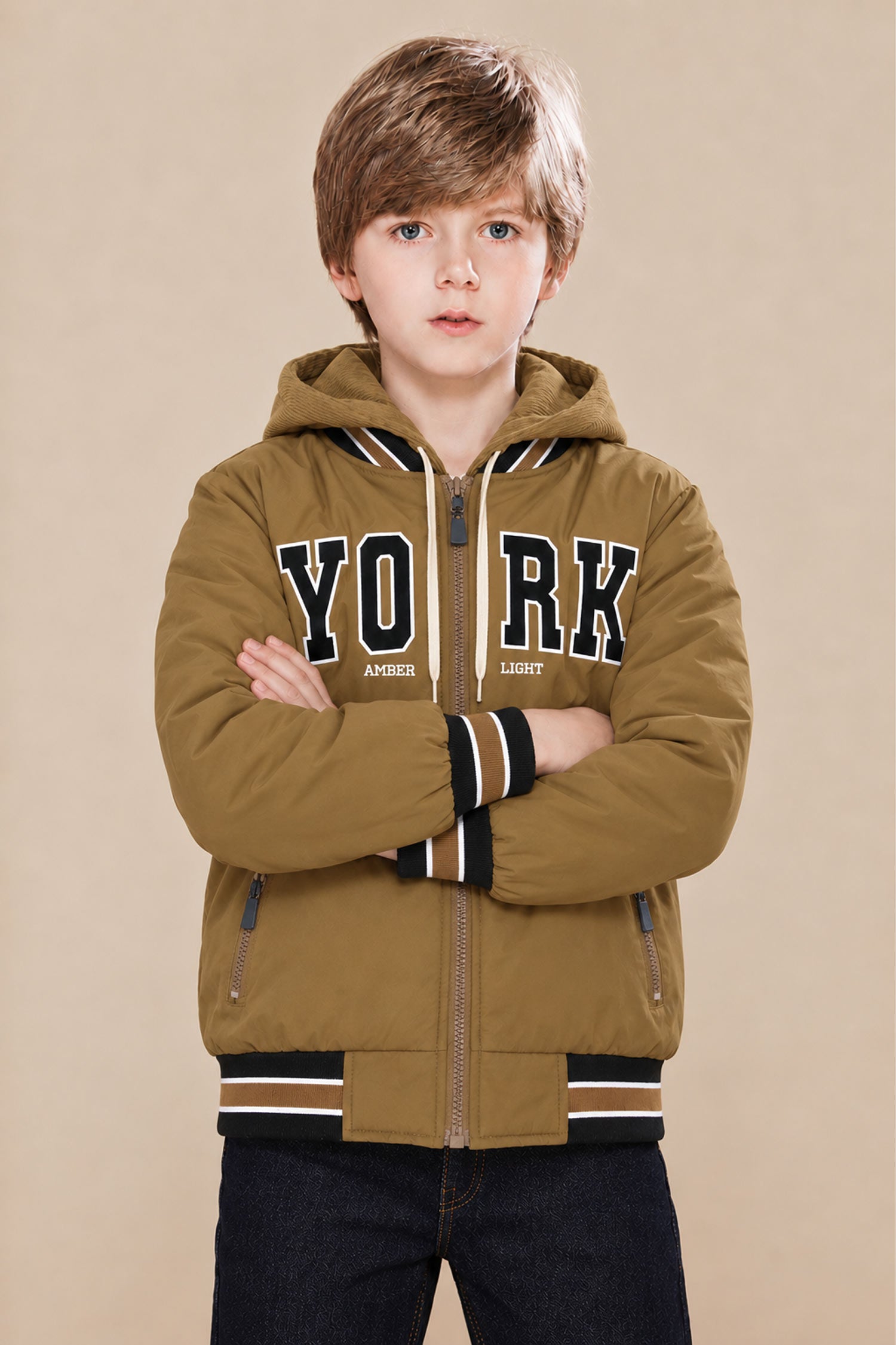 Double-Sided Hooded Insulated Imported Kid's Puffer Jacket In Brown
